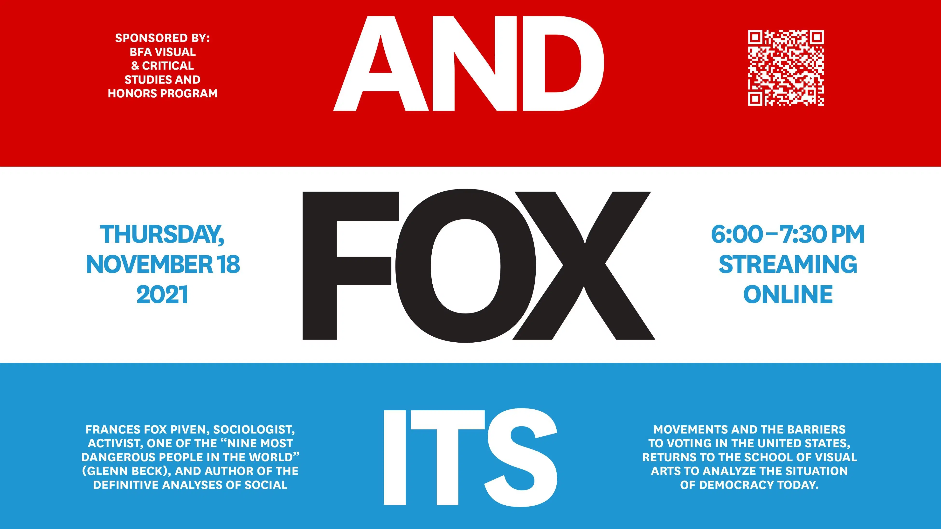 Red, white and blue poster featuring event information