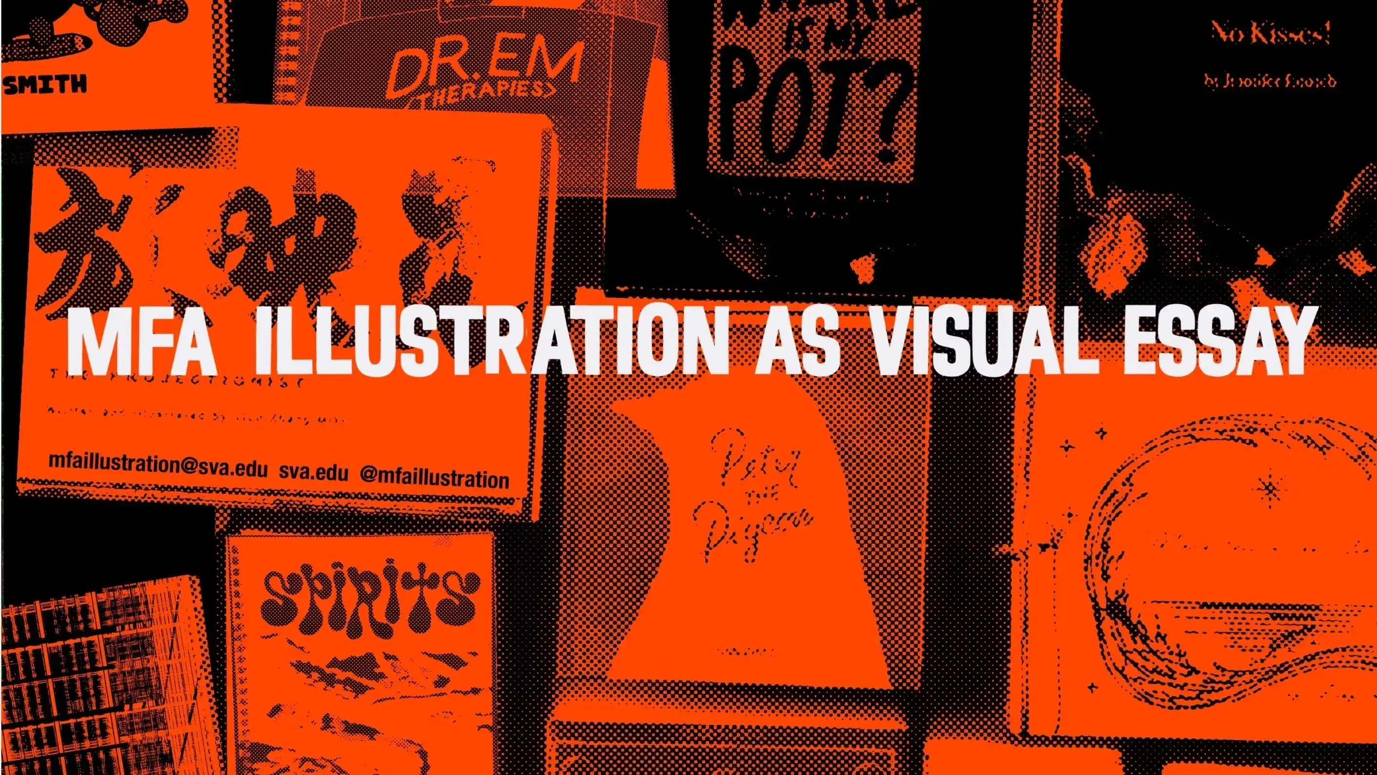 Photograph of 19 bnook covers with a wash off red over entire image, along with text annnouncing the event 