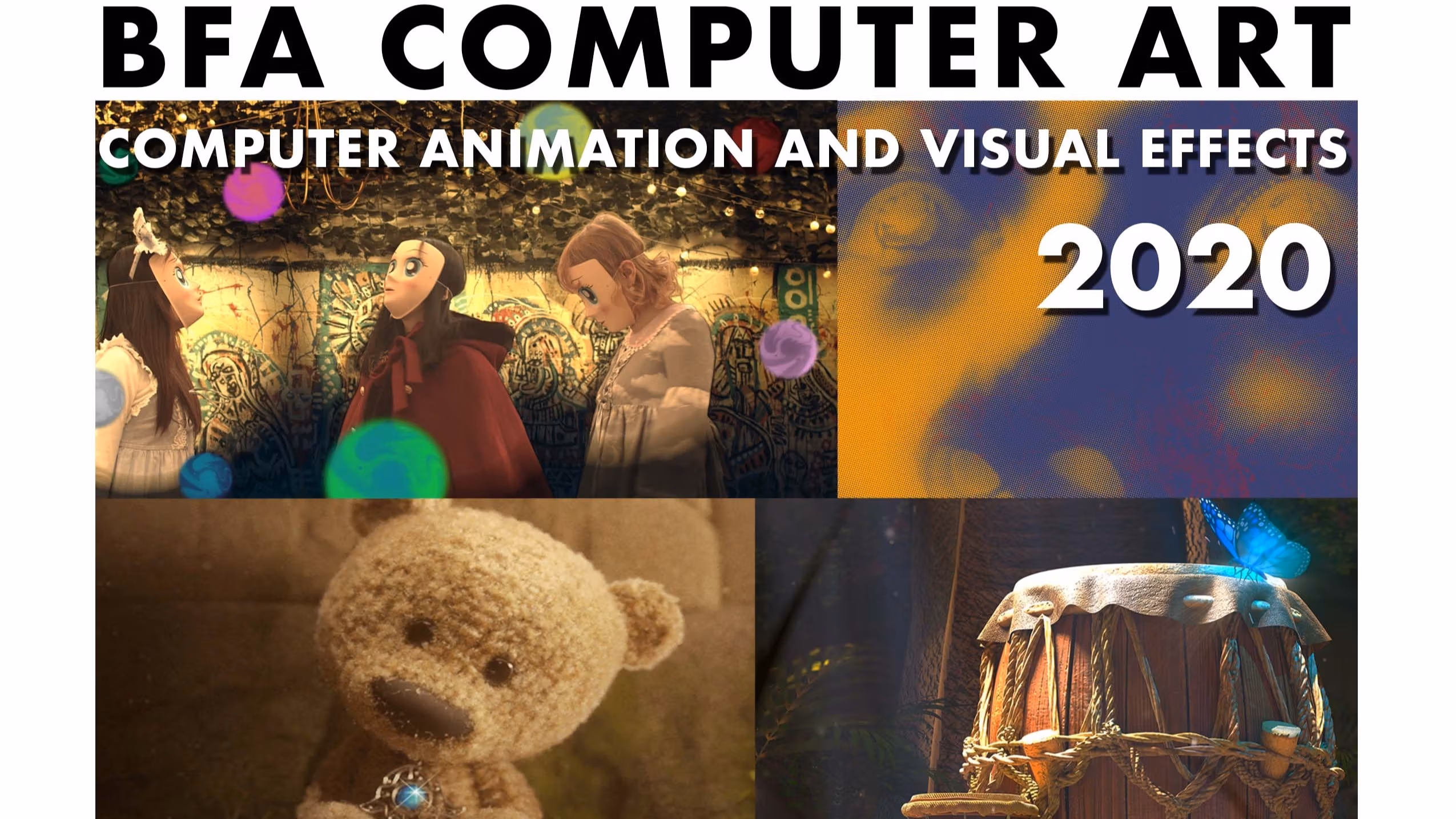 BFA Computer Art 2020 Thesis Screening event poster, featuring stills from various student animations. It says the event details: May 12, 6:00pm, Livestream event