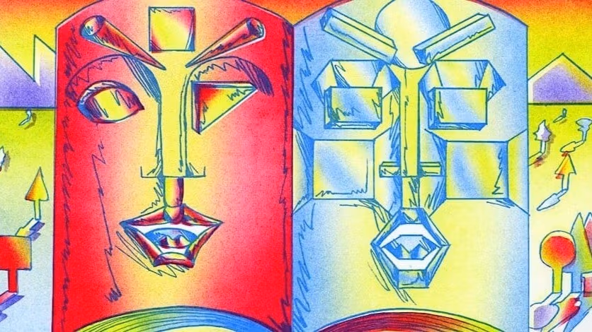 A Riso print of an open book with geometric faces on each page. The colors are bright red, yellow, and a soft blue.