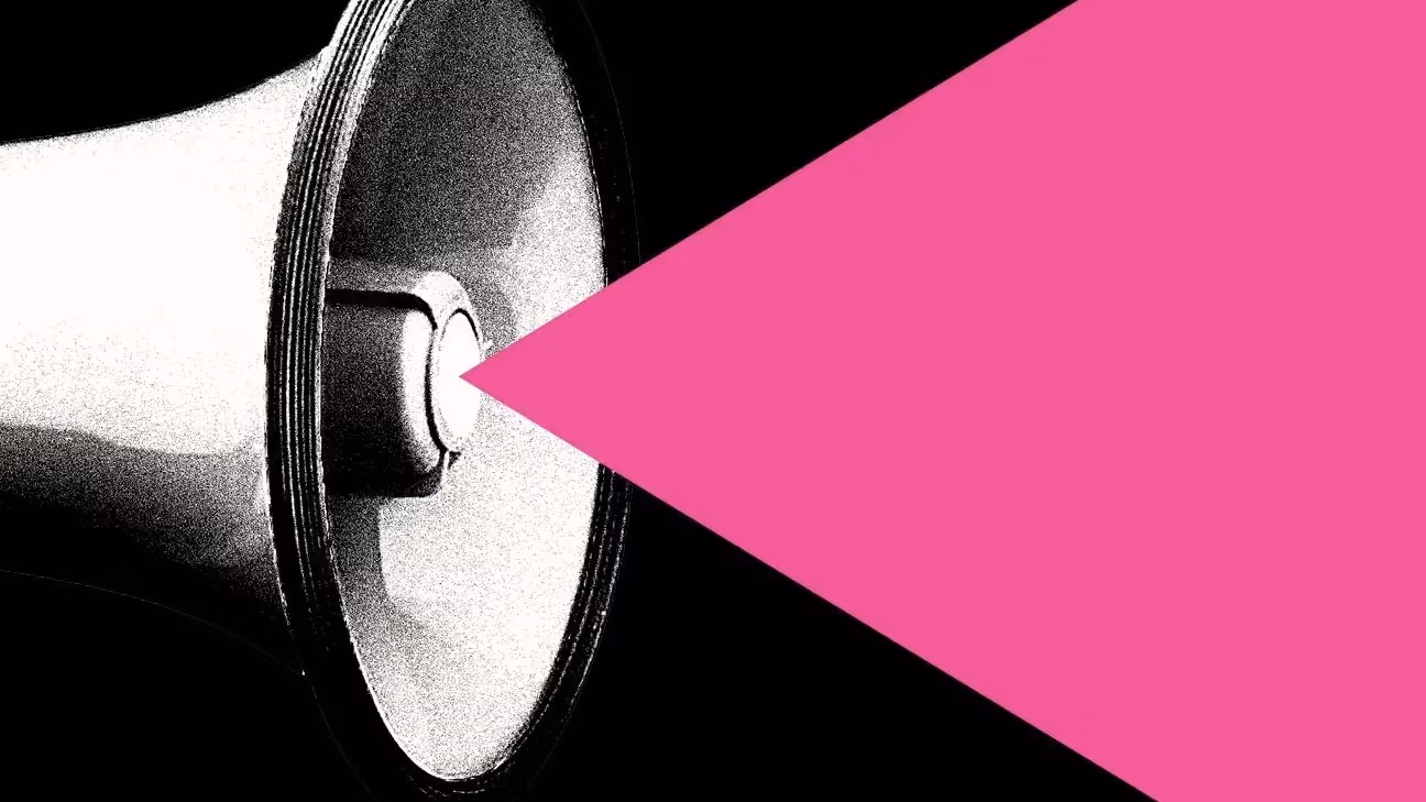 Event poster, megaphone and pink triangle, two talks