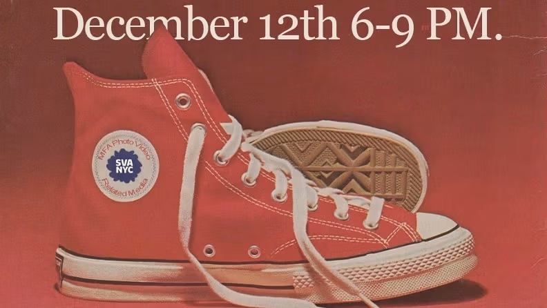 A vintage-style promotional poster with a red background featuring a pair of classic red high-top sneakers placed at the bottom. The left shoe has a round white patch labeled “MFA Photo Video & Related Media – SVA NYC.” Centered above the shoes, large white text announces: “There is only one Fall Salon of 2025. Only the SVA MFAPV hosts it. Only one night December 12th 6–9 PM.” A smaller block of black text at the bottom describes the event as a gallery showing of current SVA MFA Photo, Video & Related Media students’ work, held on December 12th from 6–9 PM at 214 E 21st Street on the first floor.