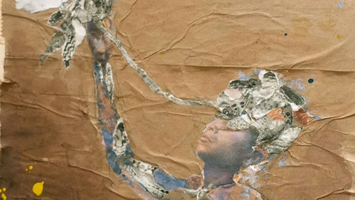 A detail of a collage by Savio Zigbi-Johnson. The collage shows a human figure with the right arm extended upwards to the sky. The background is brown paper.