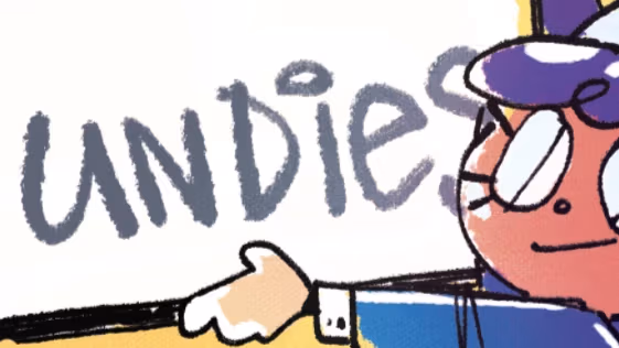 An illustration of a purple haired character with a cat-eared hat holding up a white sign reading "2022 undies"