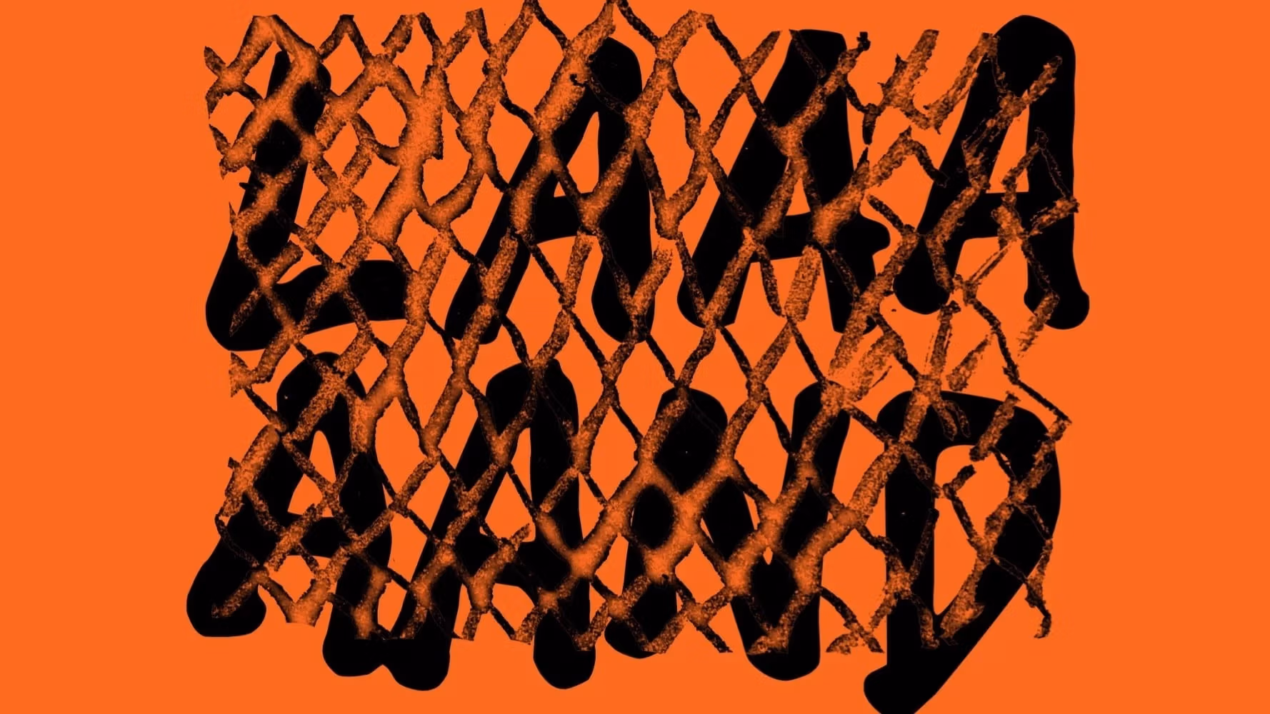 the word "laaaaaand" in black text on an orange background with a chainlink fence overlaid