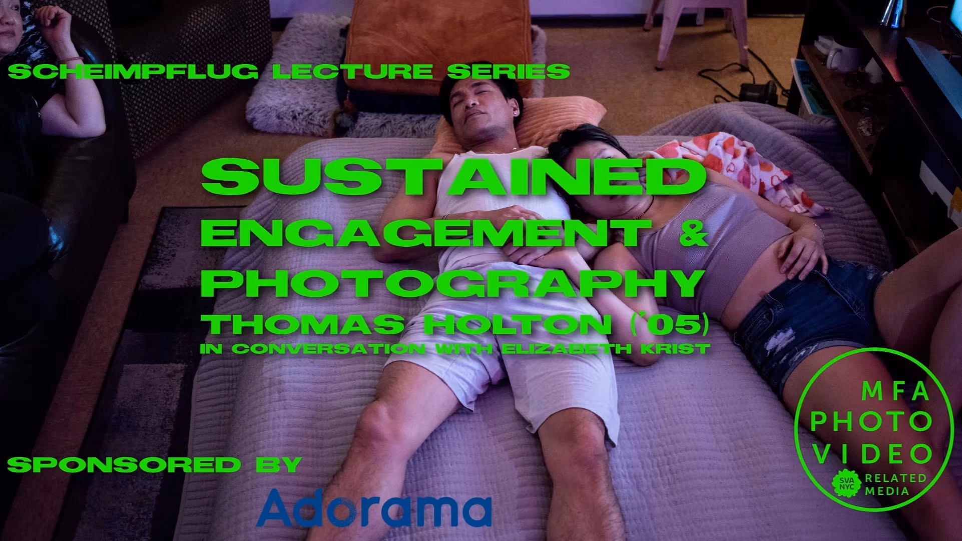 Neon green text advertising lecture, over color digital photograph of an Asian man and his teenage daughter laying on a bed in the living, with an Asian mom laying on a couch to the left watching TV.