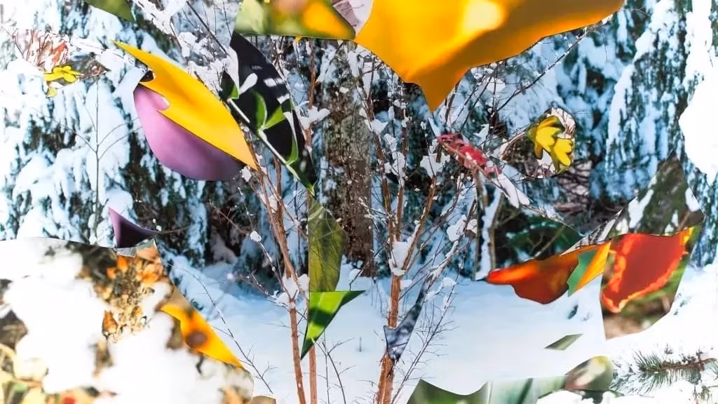 Bio-art work Pyrexia, with intermixed natural and artificial colors and shapes, by Suzanne Anker