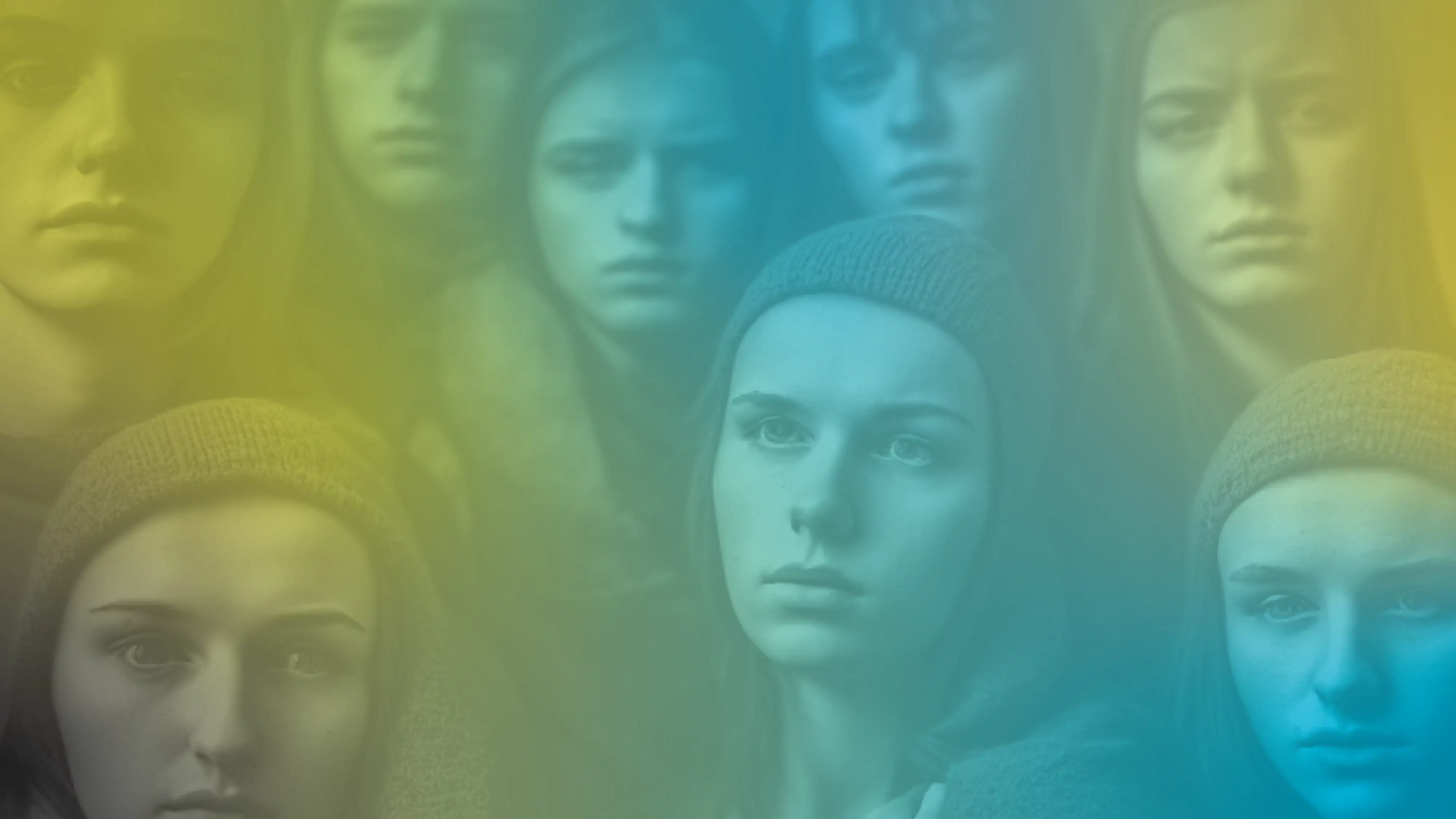 Eight floating faces made by Artificial Intelligence app, with blue and green hued overlay. 