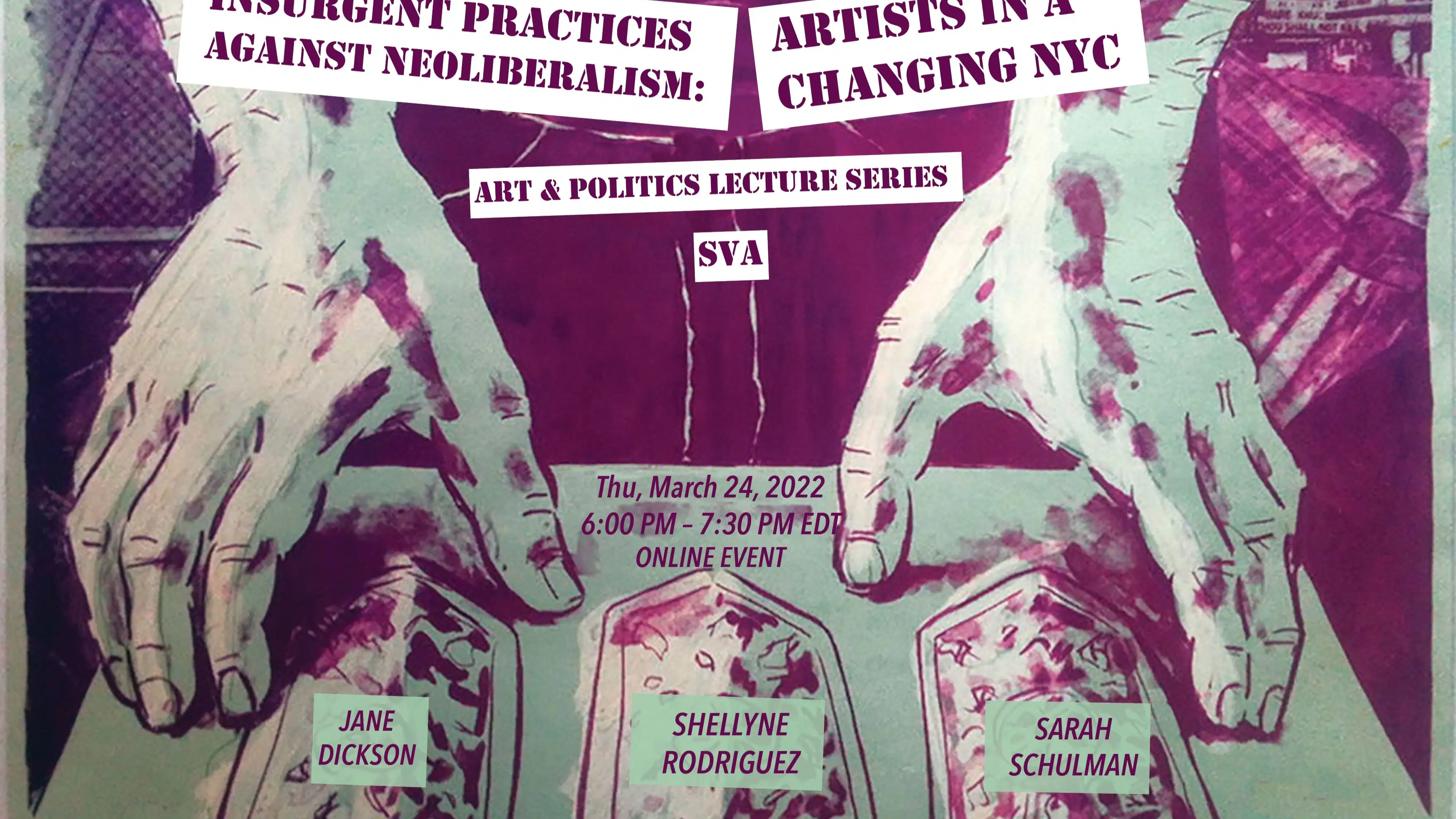 info graphic with hands setting out cards, listing the speakers