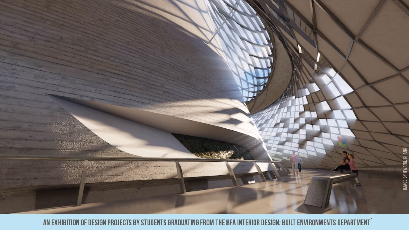 Promo image for the SVA BFA Interior Design thesis exhibition, featuring the event details, the names of students participating