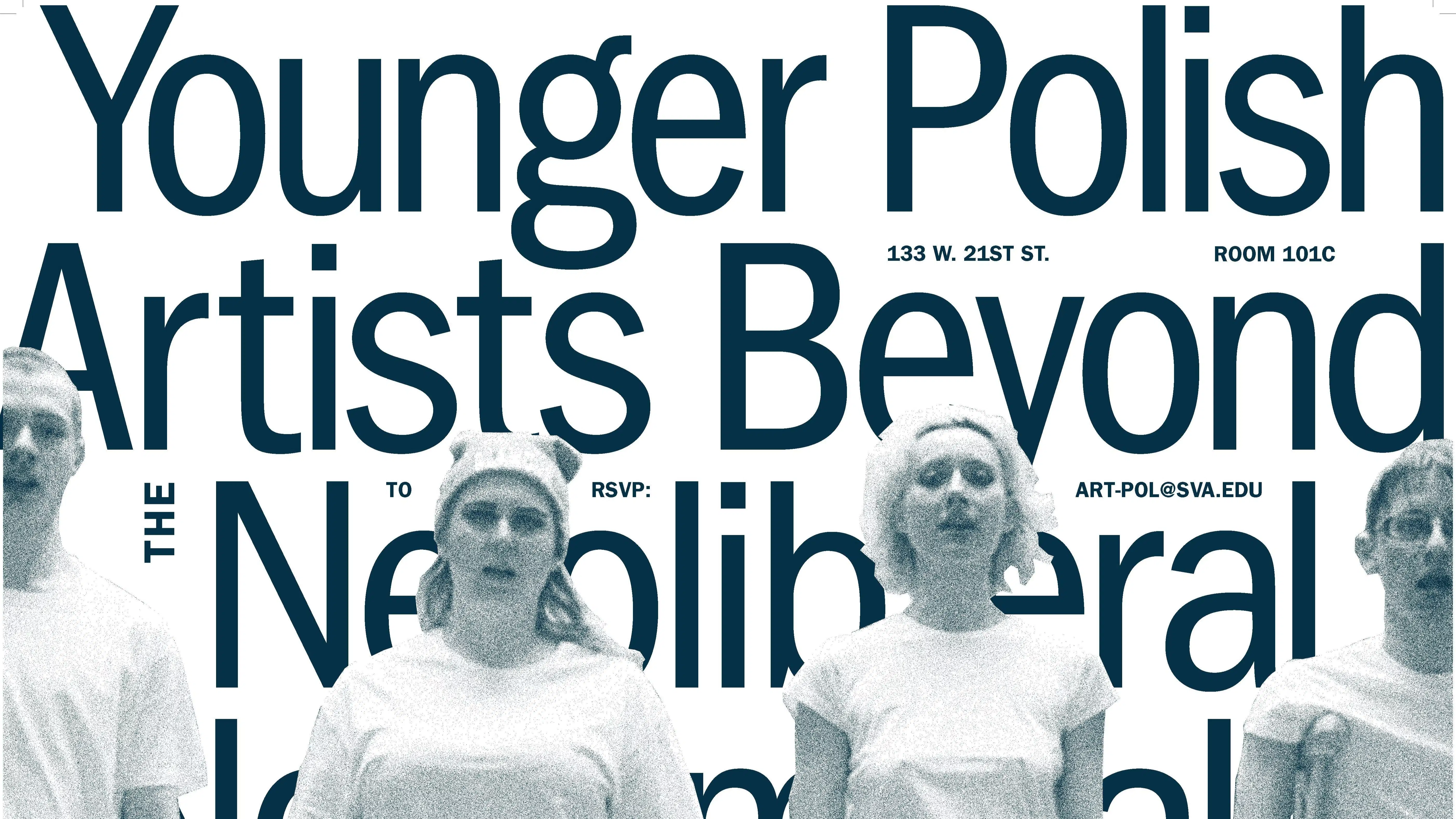 Poster with event title and details as text laid on a photo of 4 young people standing next to each other