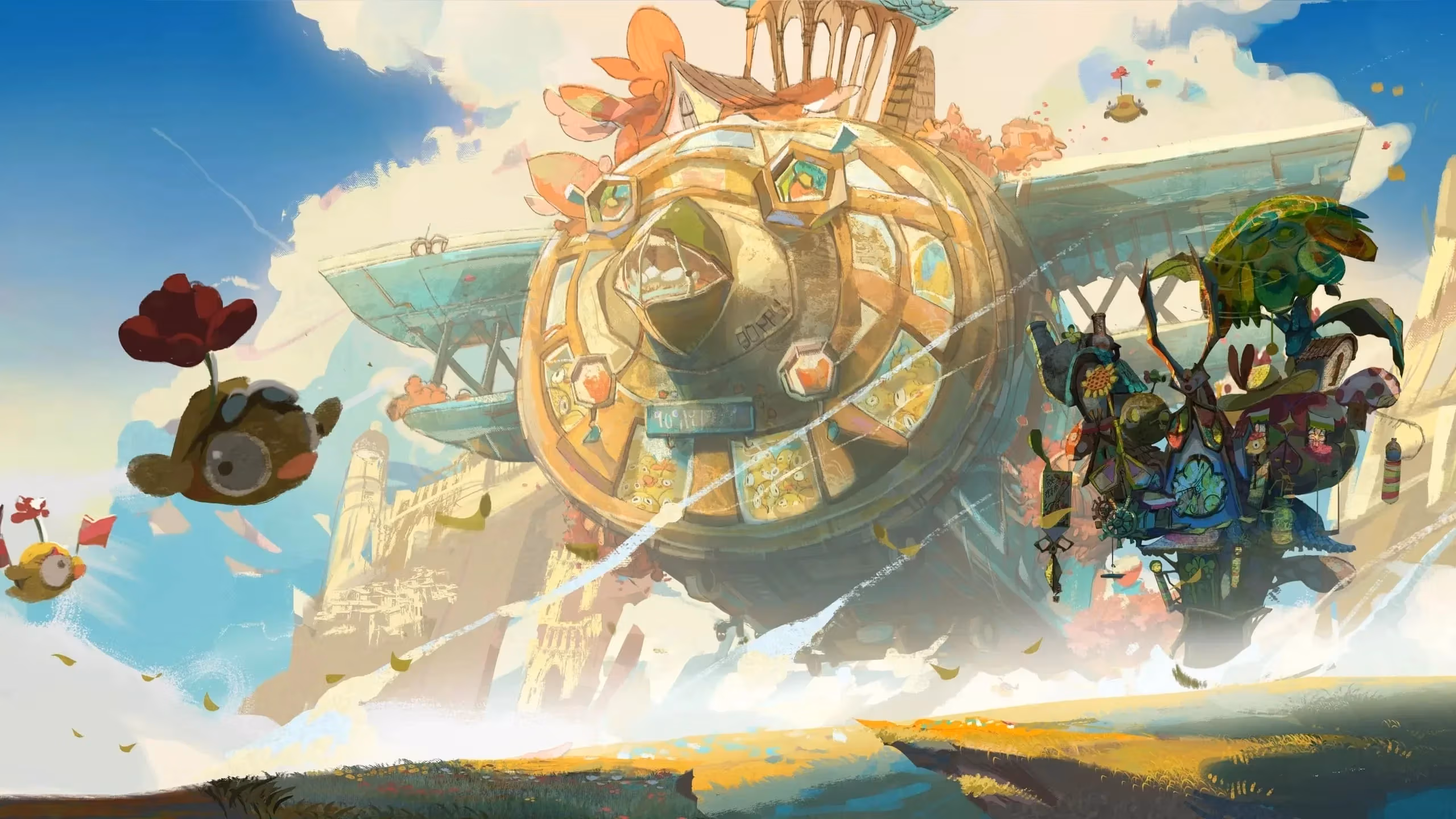 A large, whimsical flying machine shaped like a bear head soars through the sky, accompanied by floating animals with balloons and figures riding a smaller contraption in a colorful fantasy landscape.