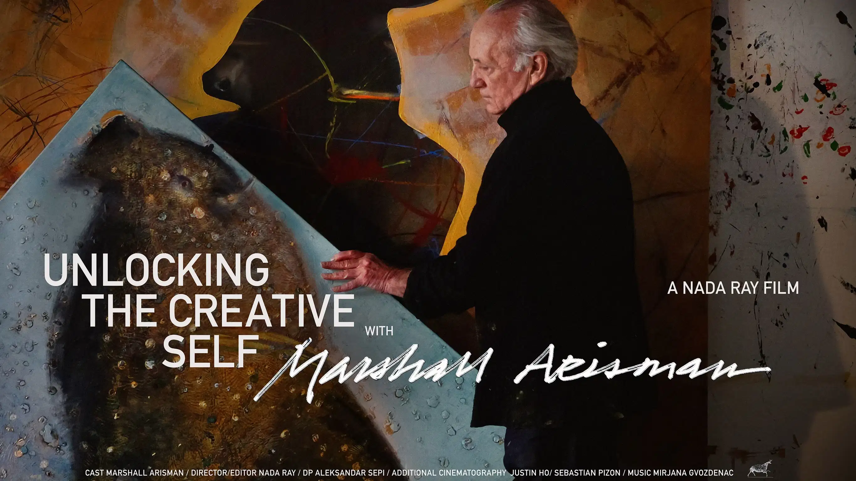 Painter Marshall Arisman dressed in black facing left carrying a large canvas with a golden buffalo on a blue background. 