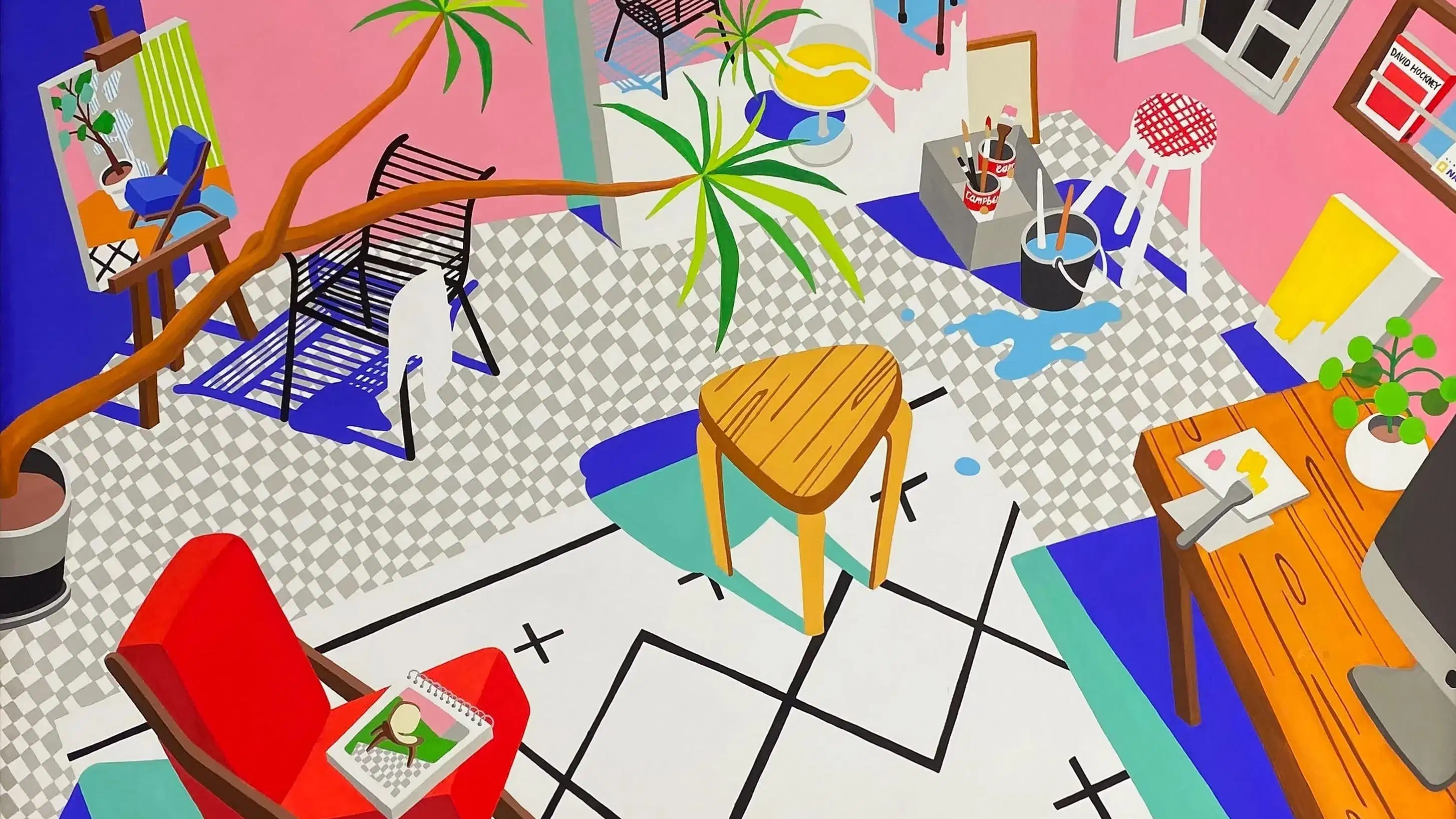 Painting of a living room with chairs and stools scattered on a rug and a checkered floor with a tree and a computer at a desk on each side.
