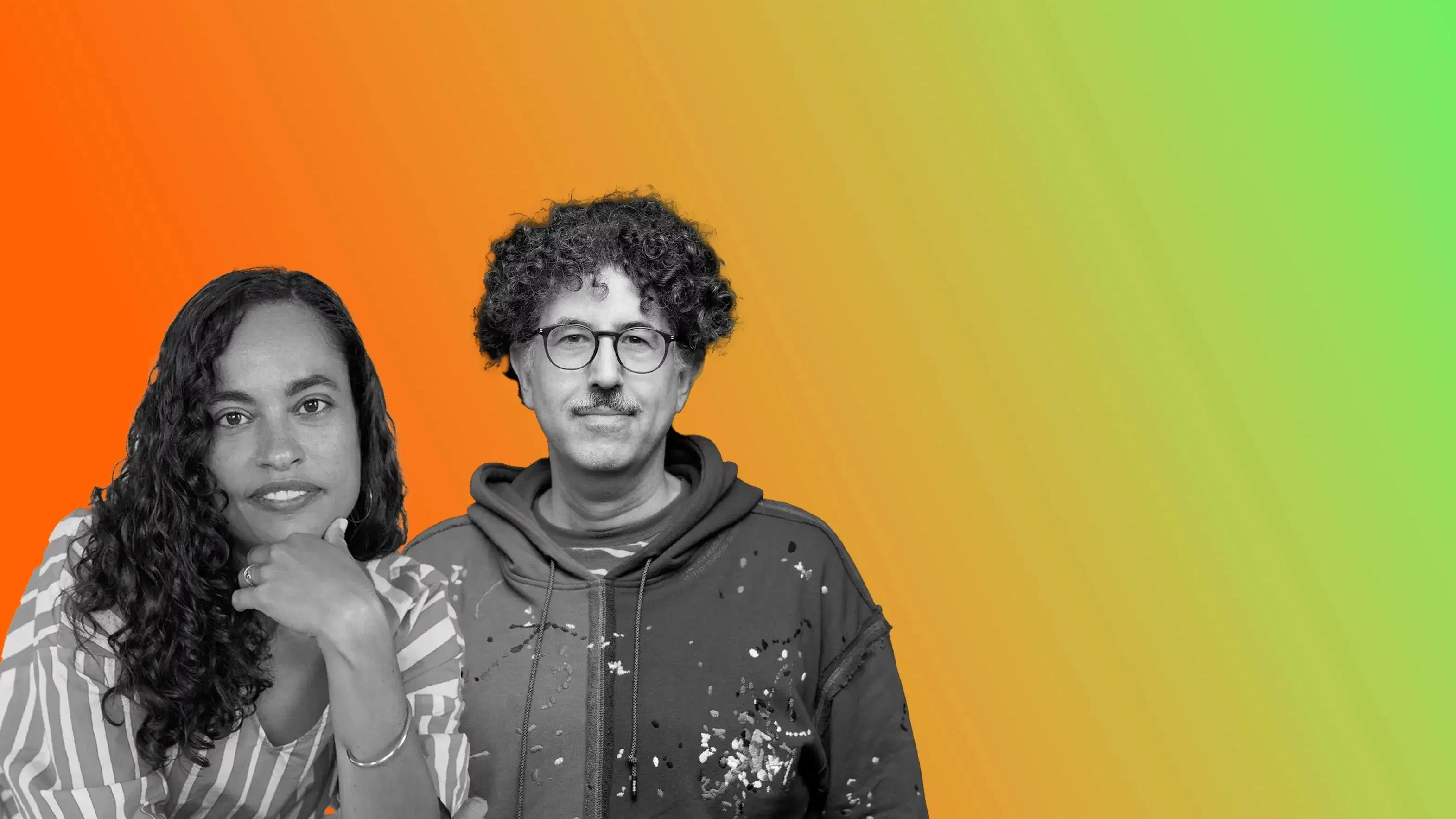 Photos of two people in black and white, Chloë Bass and Hrag Vartanian, against an ombre background