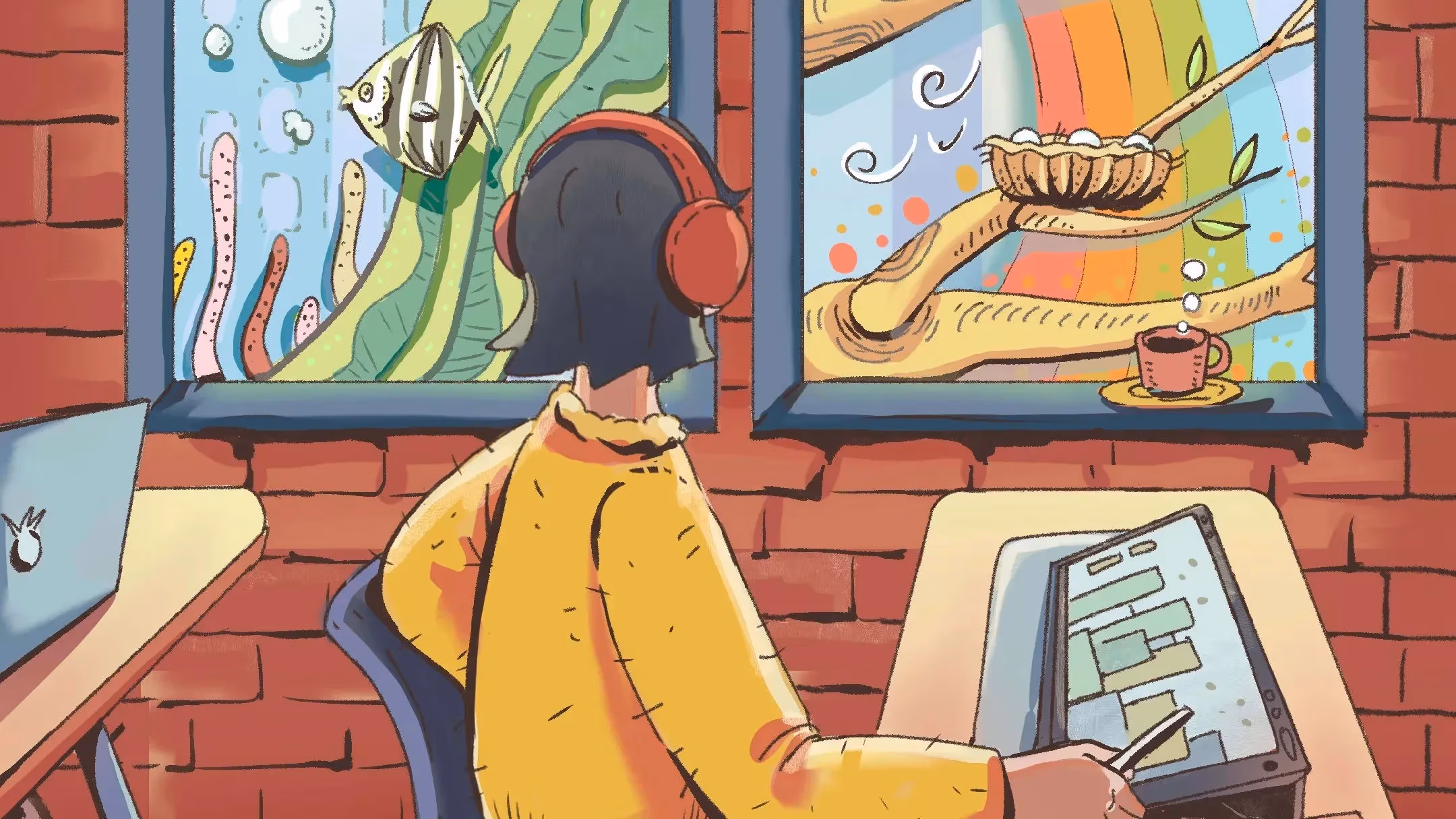 A person sits at a desk in front of a window. Out the window is a colorful world of plants and animals