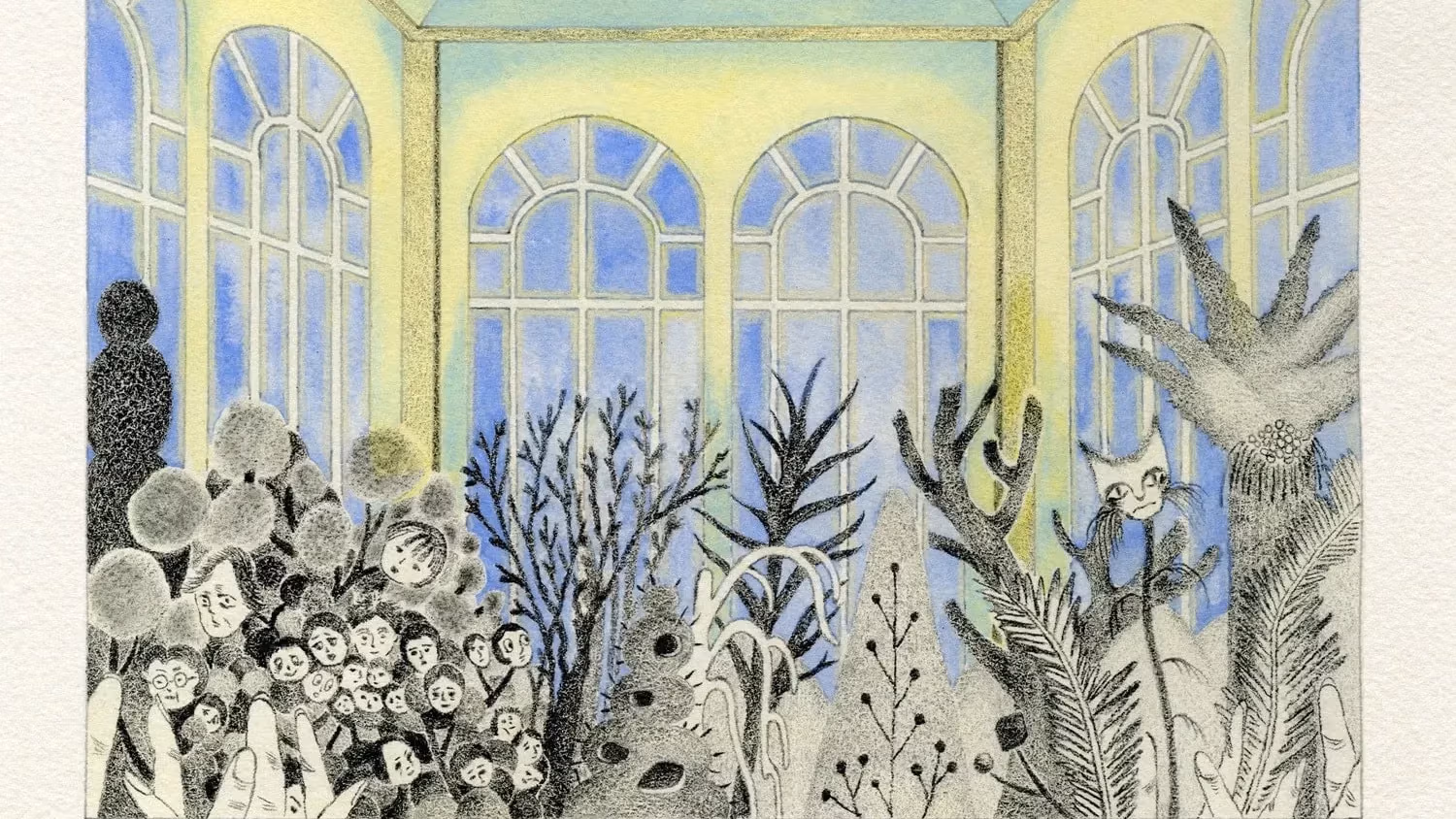 Plants and the family tree in the cabinet grow in the greenhouse during the evening. 