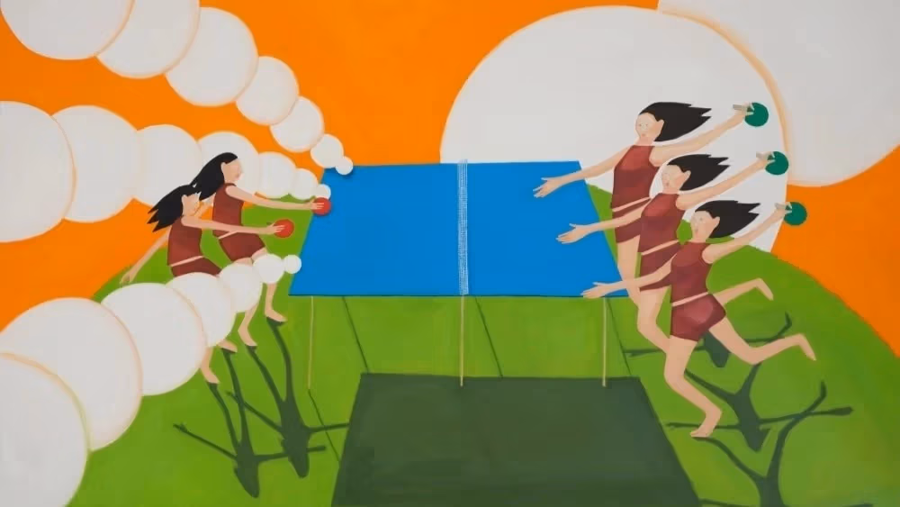 Painting of a ping pong table surrounded by 6 figures with paddles against an orange sky.