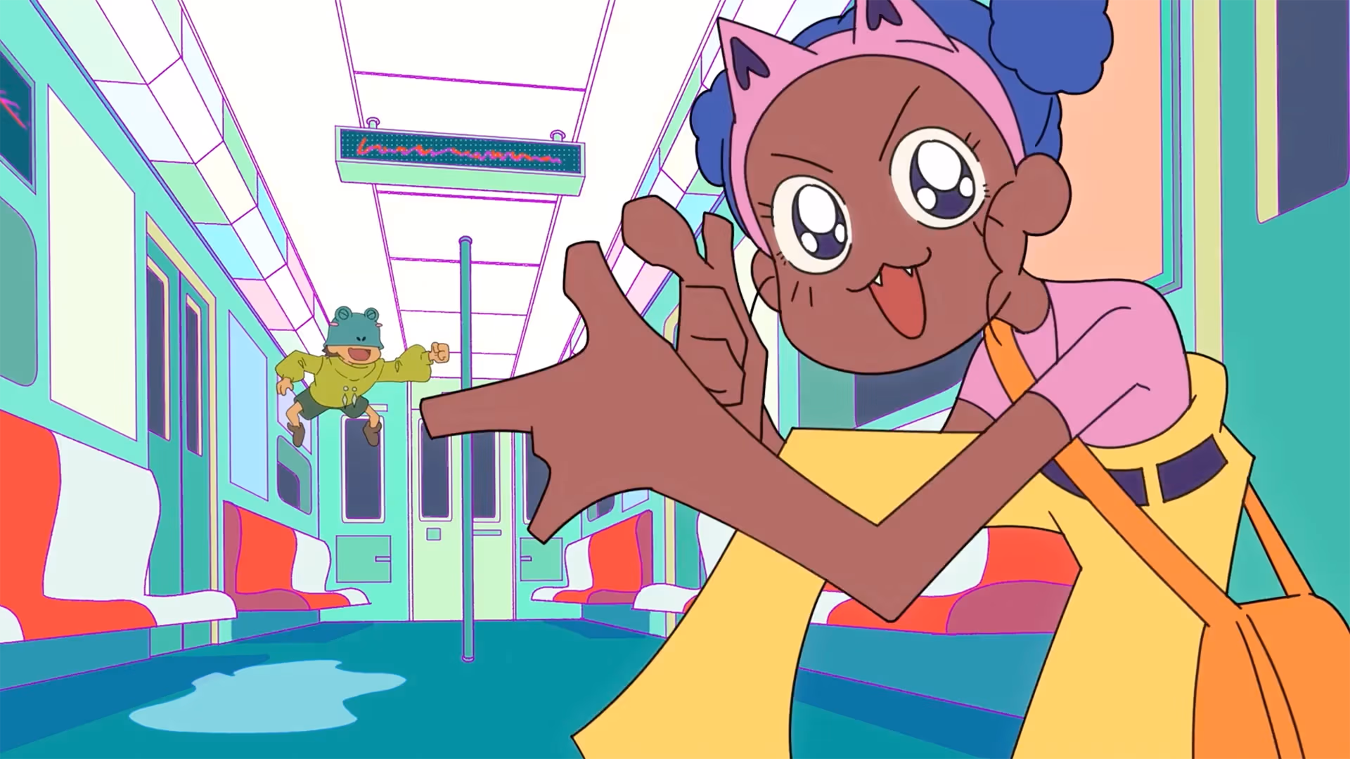 2D animation of a subway car interior; in the foreground, a person in a pink shirt and yellow pants has an excited expression on their face. In the background, a different person with a frog-like hat is perched near the train ceiling. It seems as though the two characters may be playing or play-fighting.