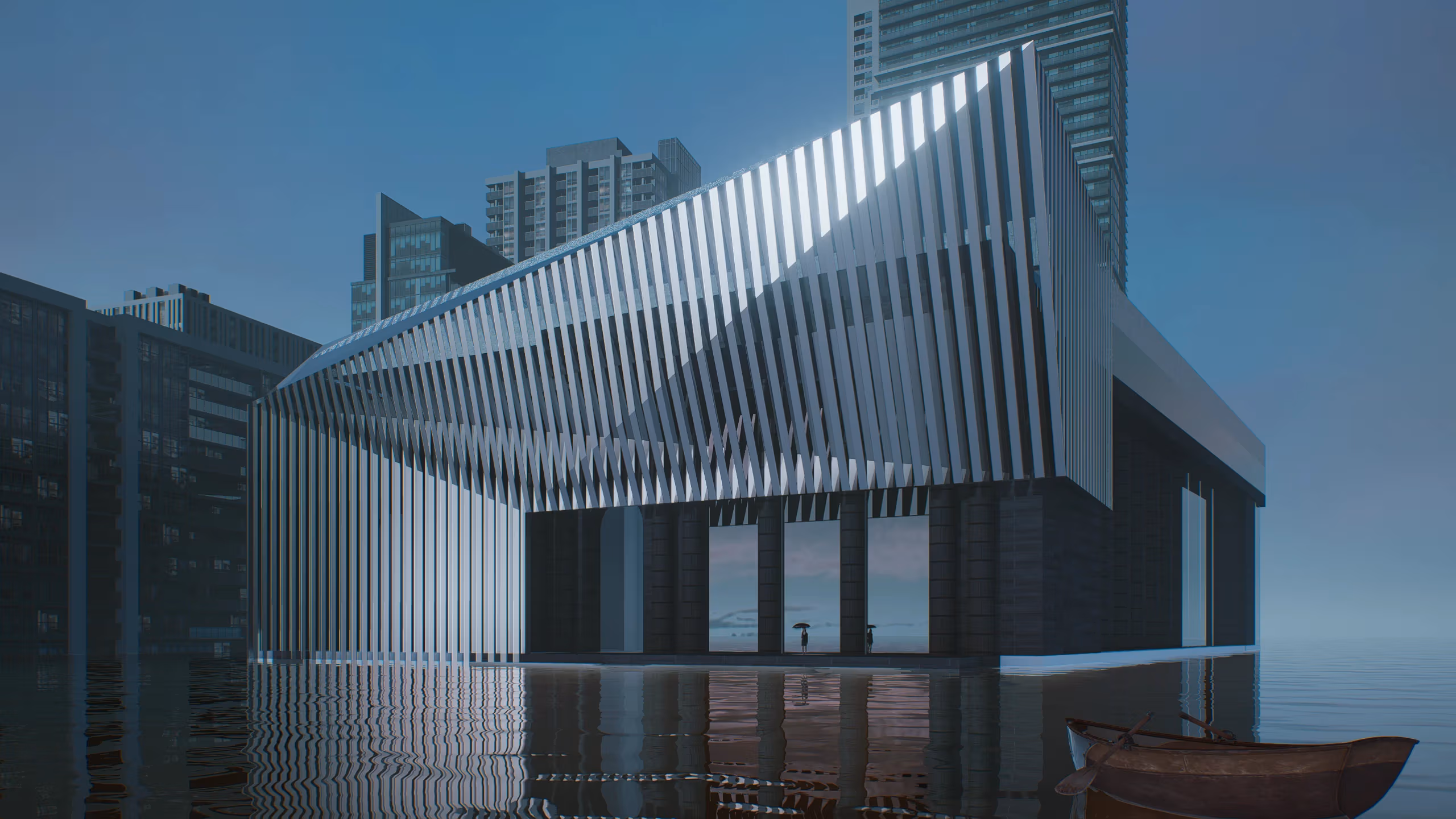 Facade of a building at dusk with a dark gray ground floor and ornamental metal awning.