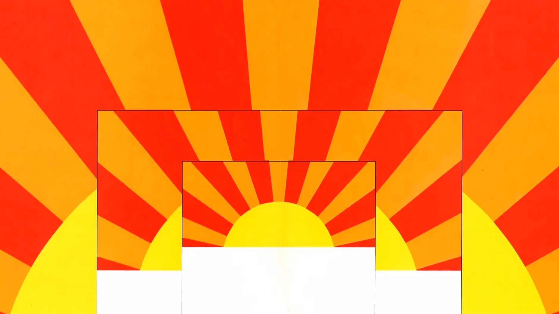 Graphic design invitation by Milton Glaser featuring three concentric sunset designs with a yellow sun and orange and red sunbeams