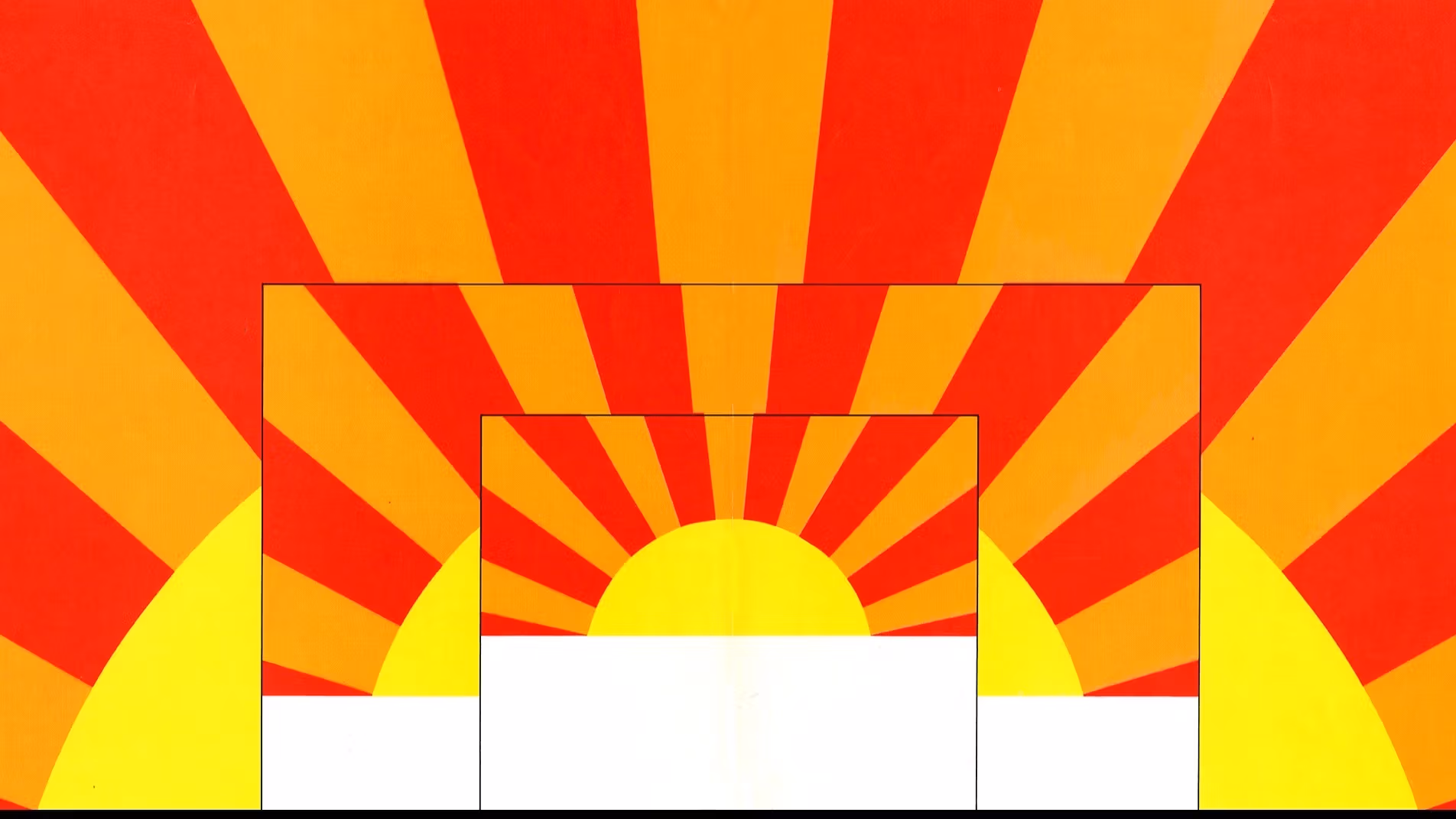 Graphic design invitation by Milton Glaser featuring three concentric sunset designs with a yellow sun and orange and red sunbeams