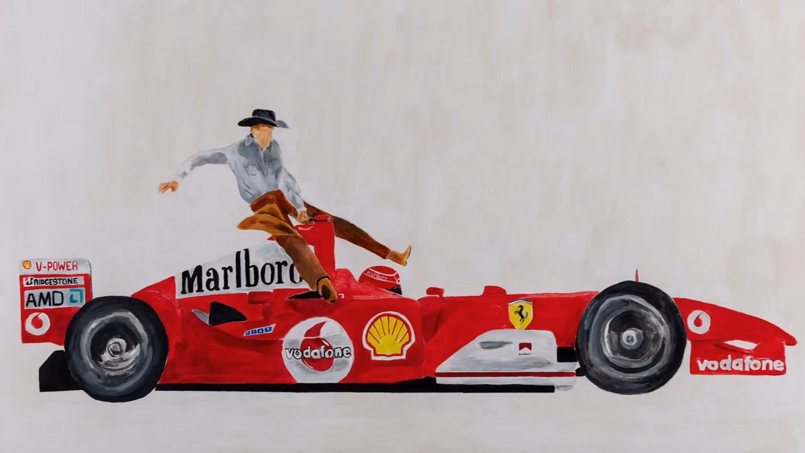 Large white painting with a red Malboro formula one car and a cowboy riding on it.