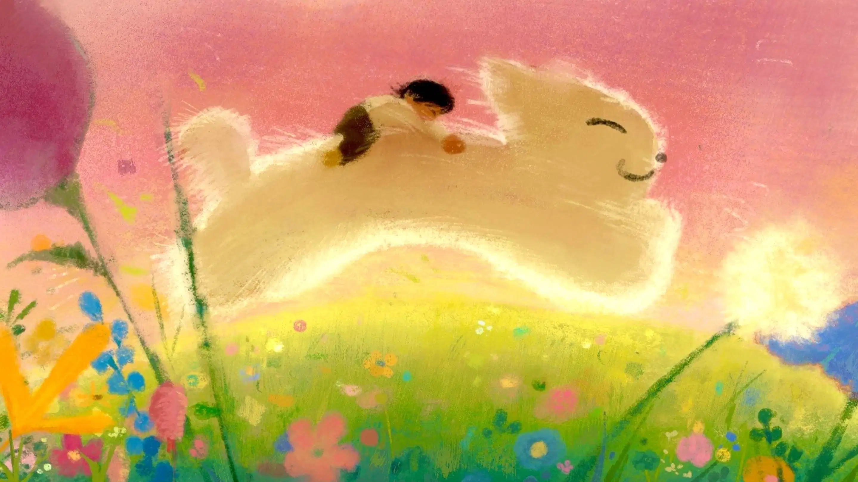 Fantastical, soft pastel colored art work of a person riding on a giant fluffy dog’s back through a field of flowers