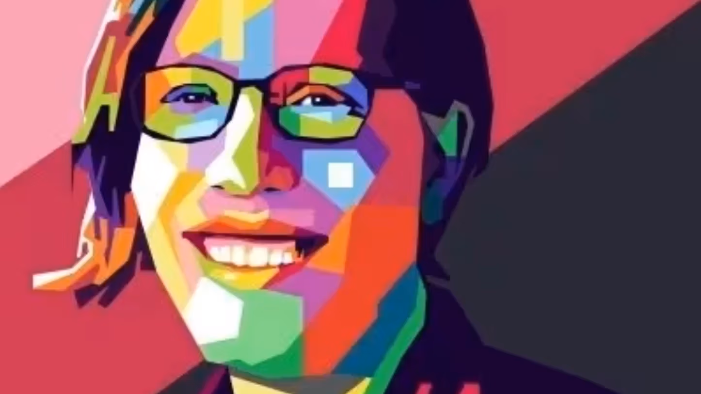 Illustrated portrait of M.E. O'Brien made of refracted geometric colors.