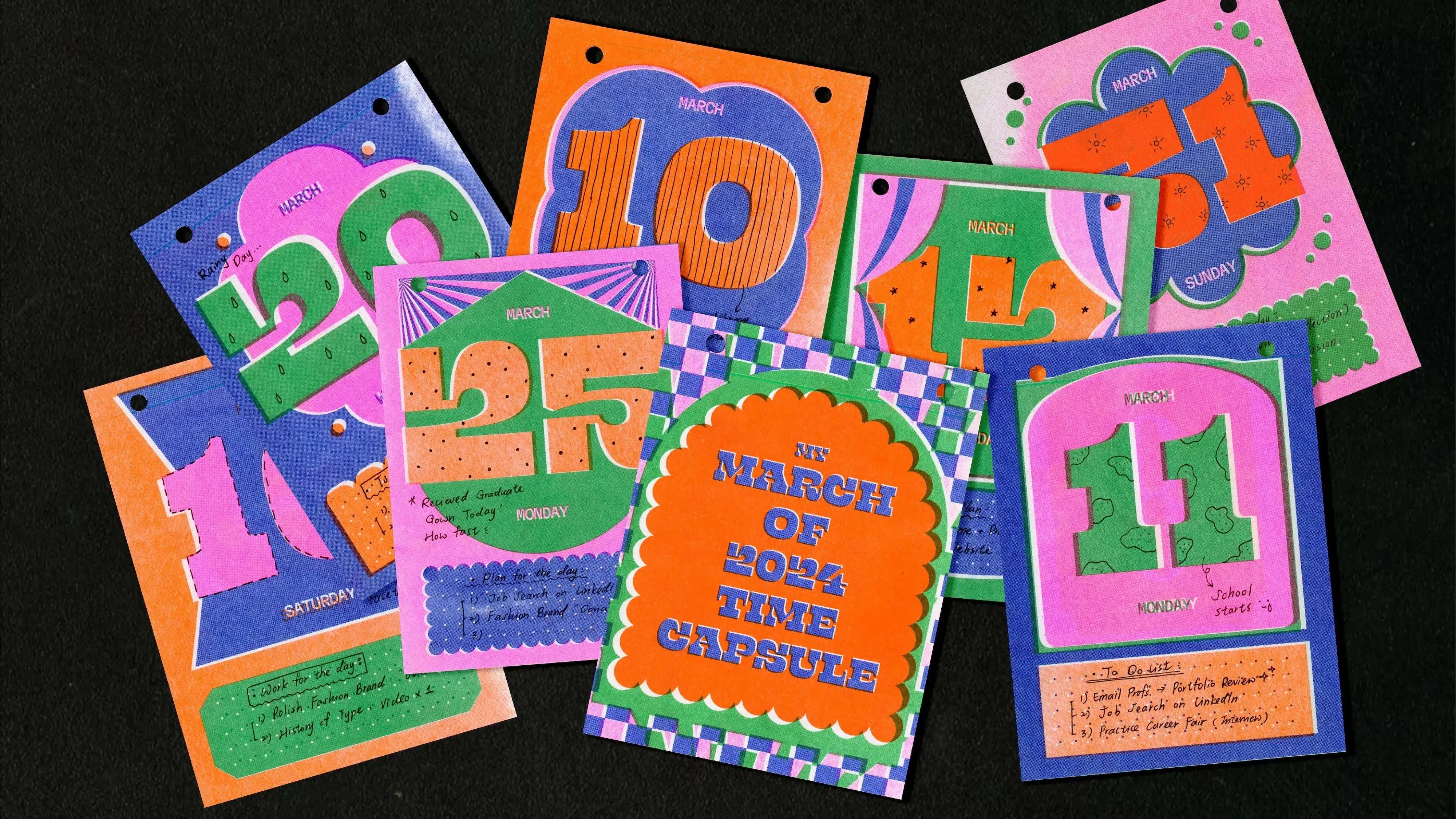 Flat lay of various colorful calendar cards with a puffy type treatment—each sheet has a different month and day in 2024