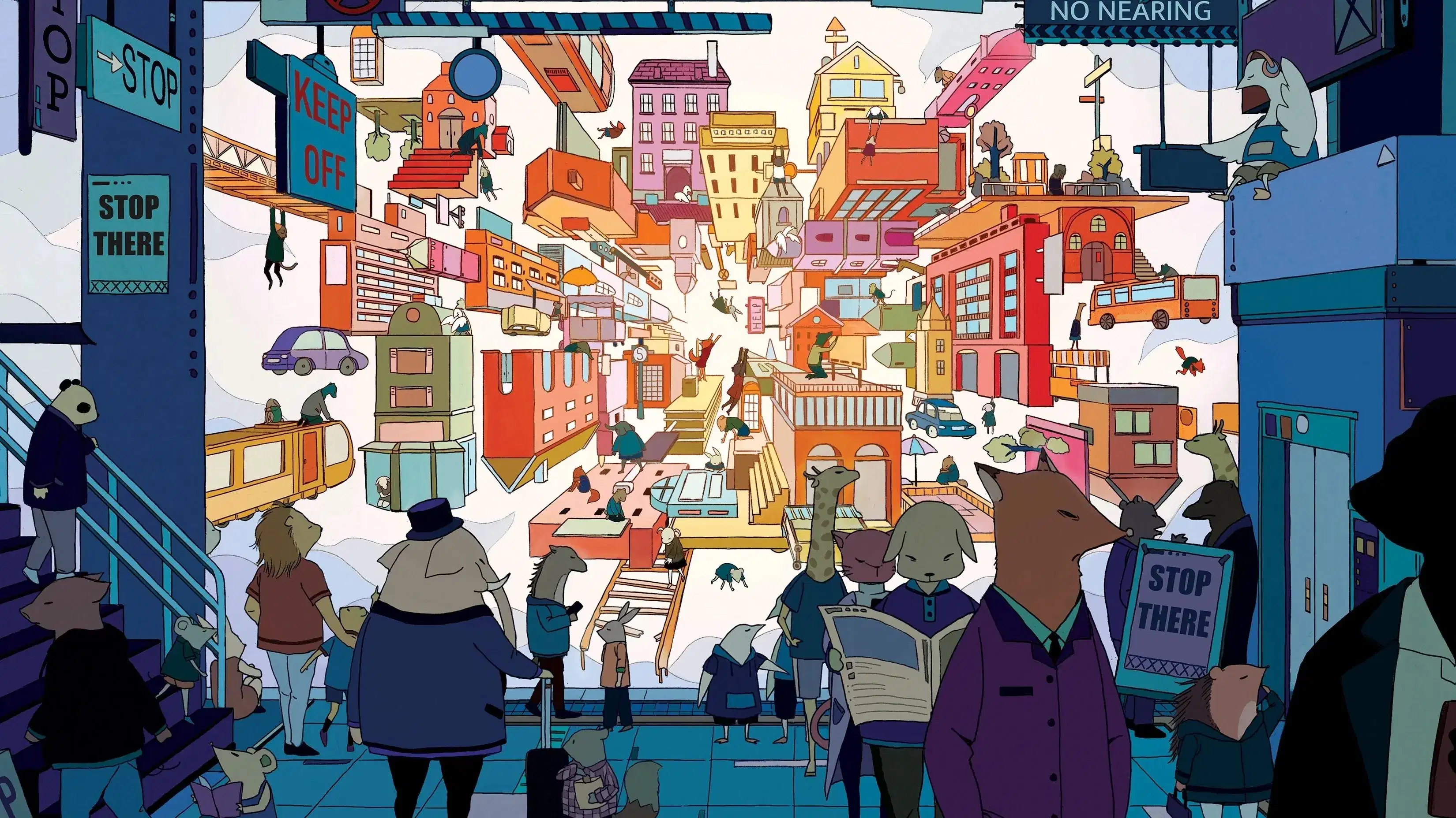 A multicolored panoramic scene of anthropomorphic animals in a surreal floating city