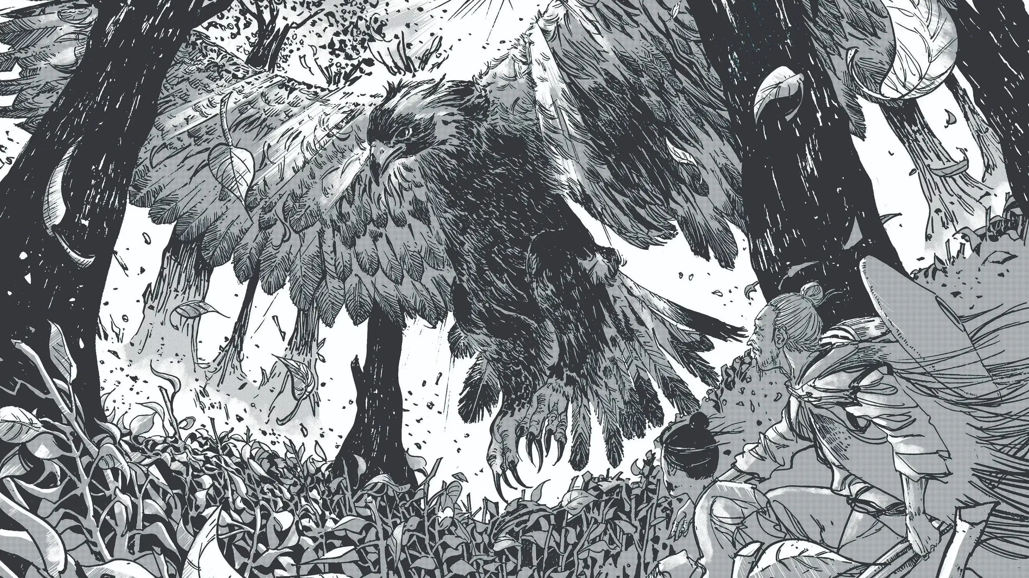 In a black and white traditional manga style a gigantic eagle looms over two feudal warriors