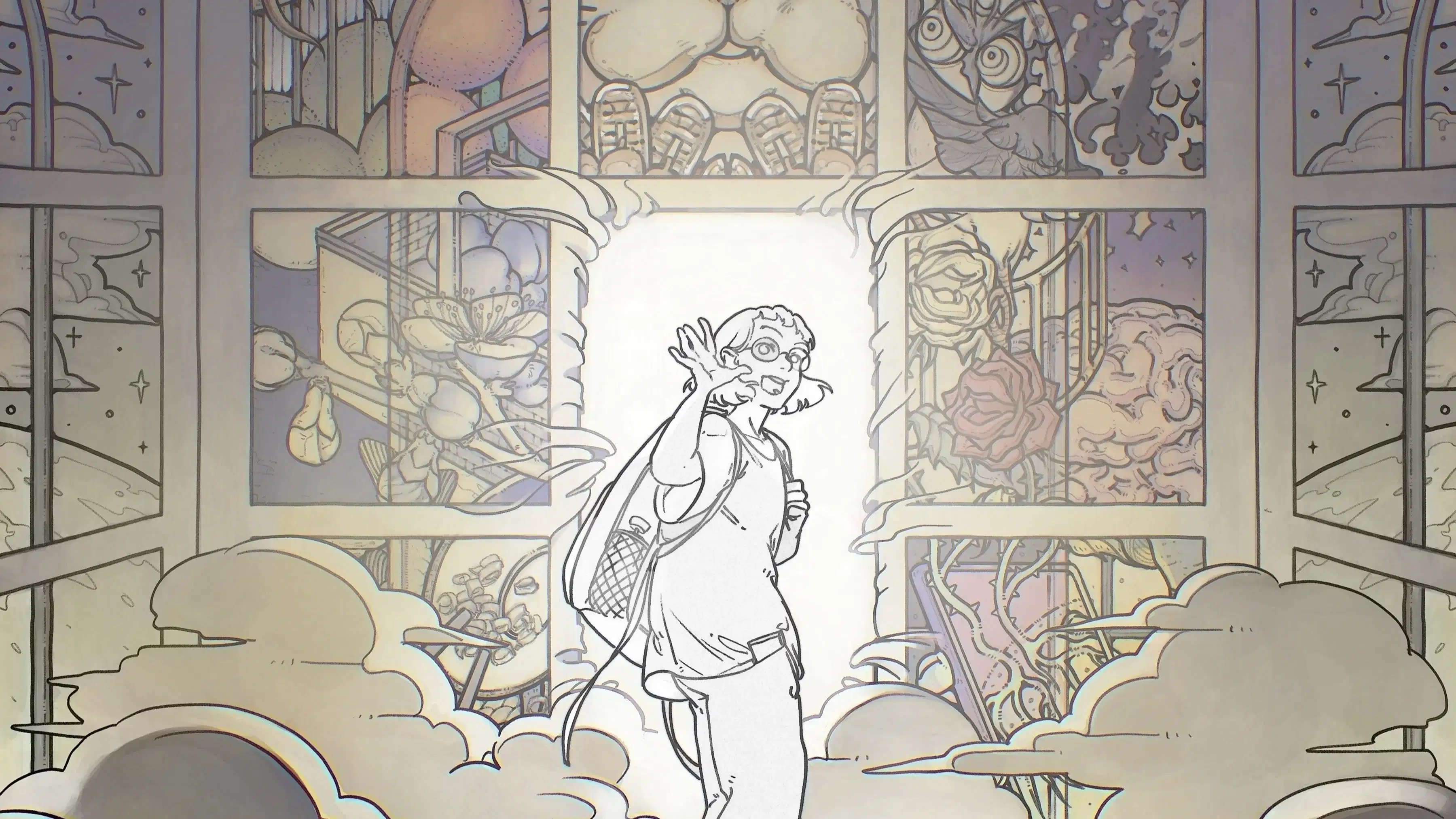 cover image for Binhua Chen's thesis project of main character waving surrounded by illustrated components of the comic.
