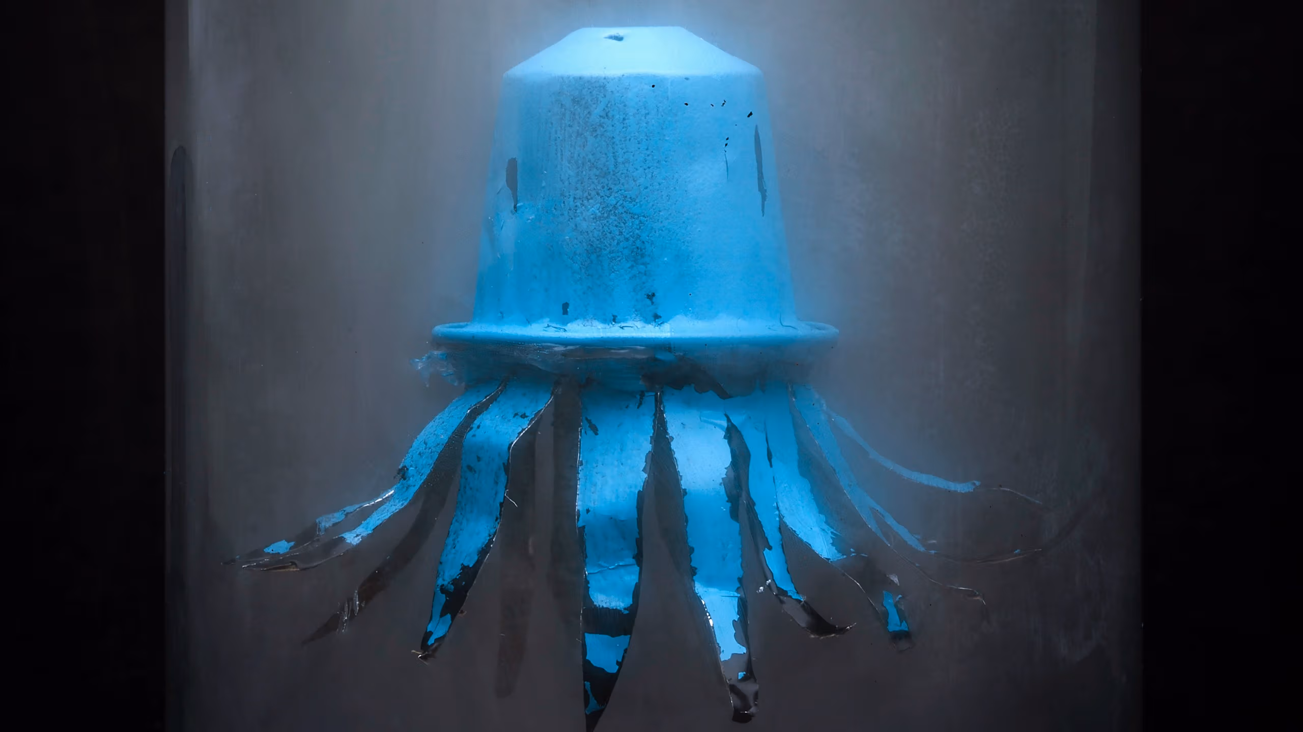 A composite photograph of a clear glass jar filled with fog against a black background. Suspended inside it is a blue coffee capsule with metal tentacles coming from the bottom, making it look like a sea creature.