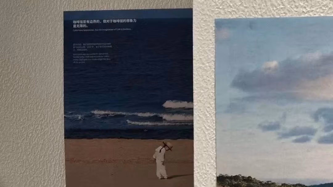 Two posters next to each other on white walls. The texture on the wall is visible. 