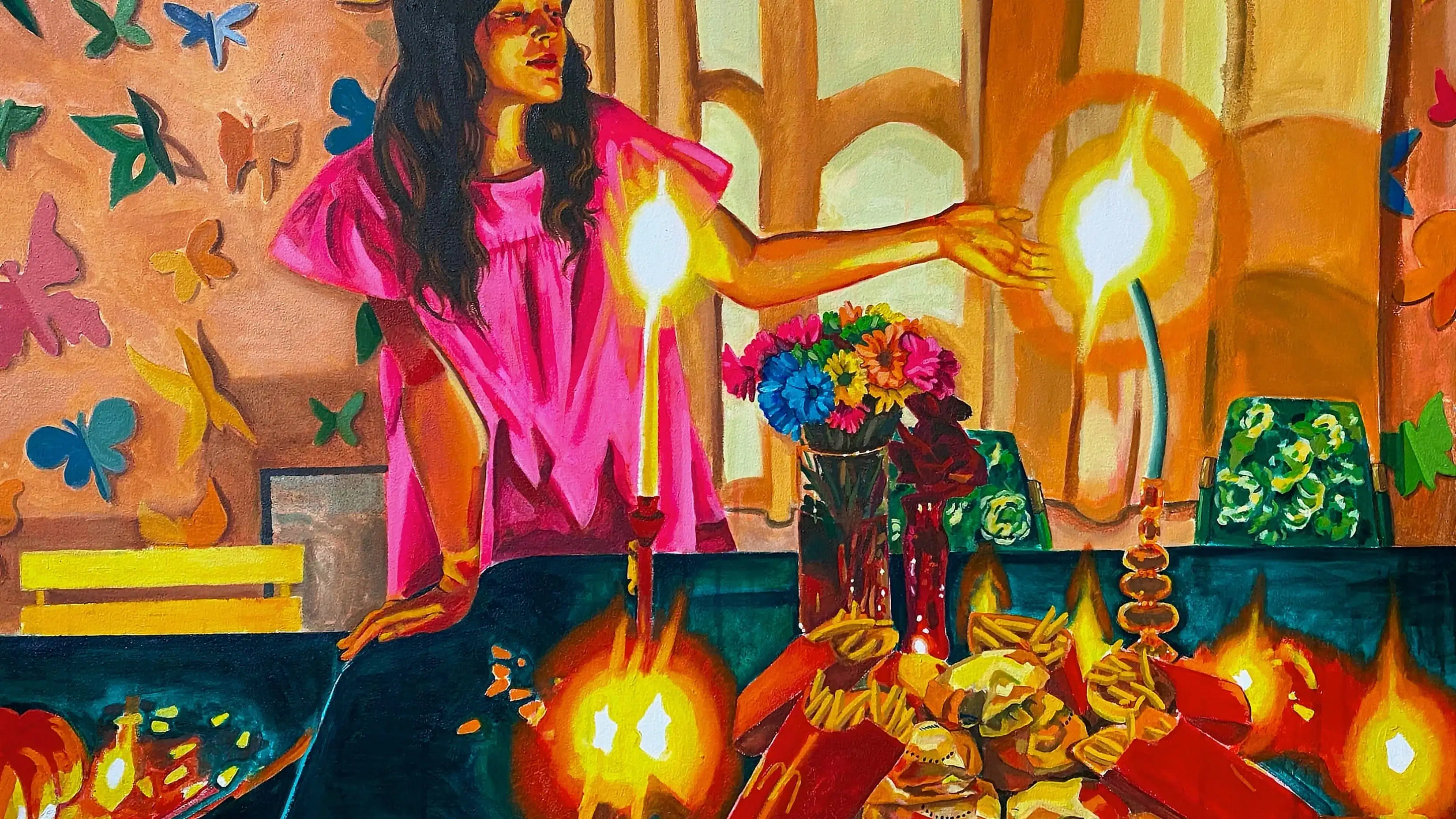 painting of a person in front of a table with candles and food