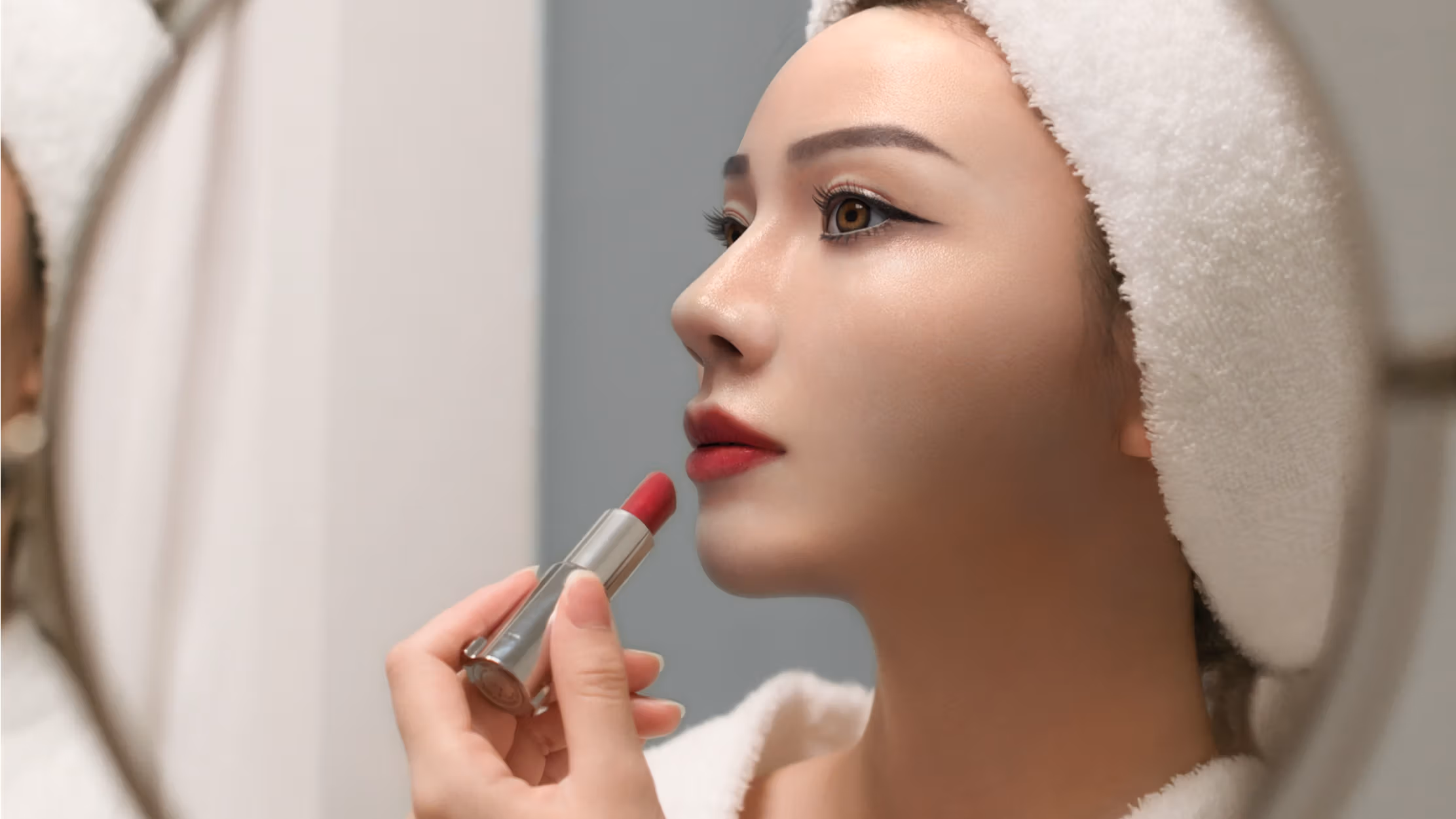 A photograph of a woman applying red lipstick, shot through a small mirror. She is wearing a towel wrap on her head. It is in the format of an instagram post, with the caption “My Morning Ritual” underneath the image. The top three comments on the post are also underneath it.