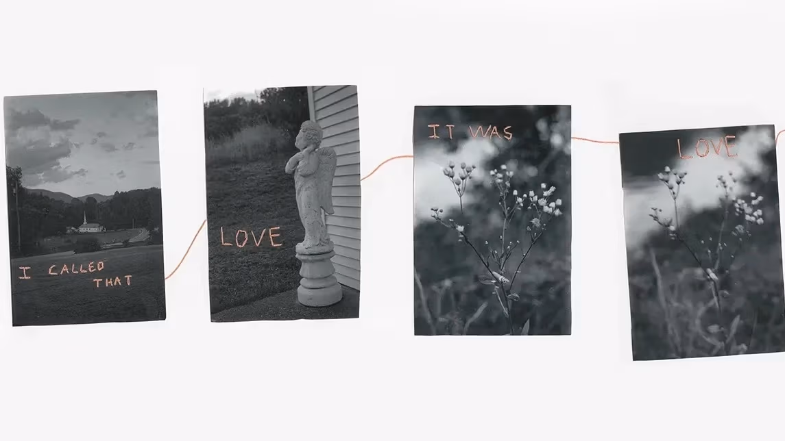 Chain of photos (church, angel statue, flowers with cigarettes, and long grass) embroidered with poetry, strung together in a line on pink thread.