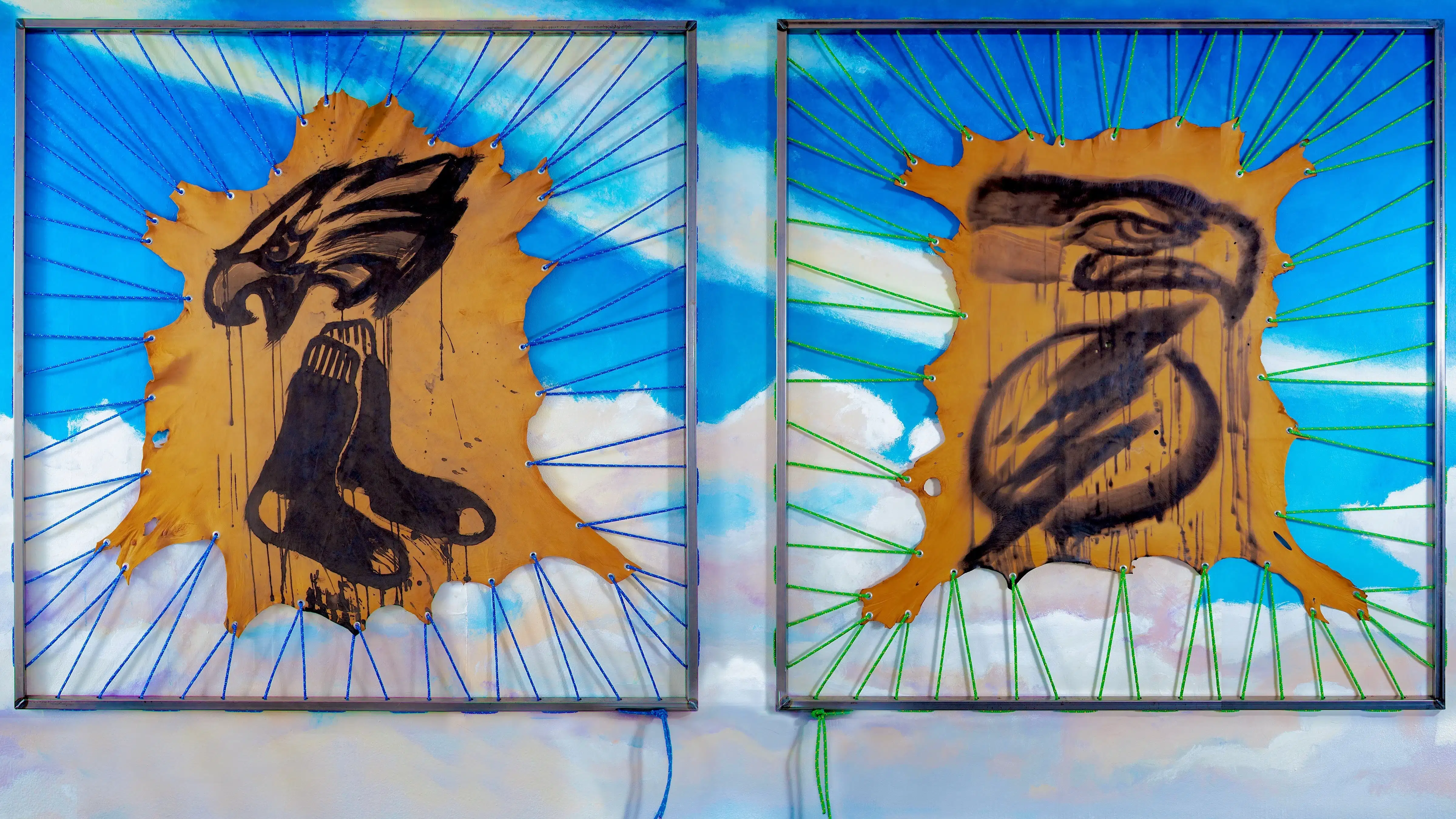 drawings of eagles and socks on a sky background