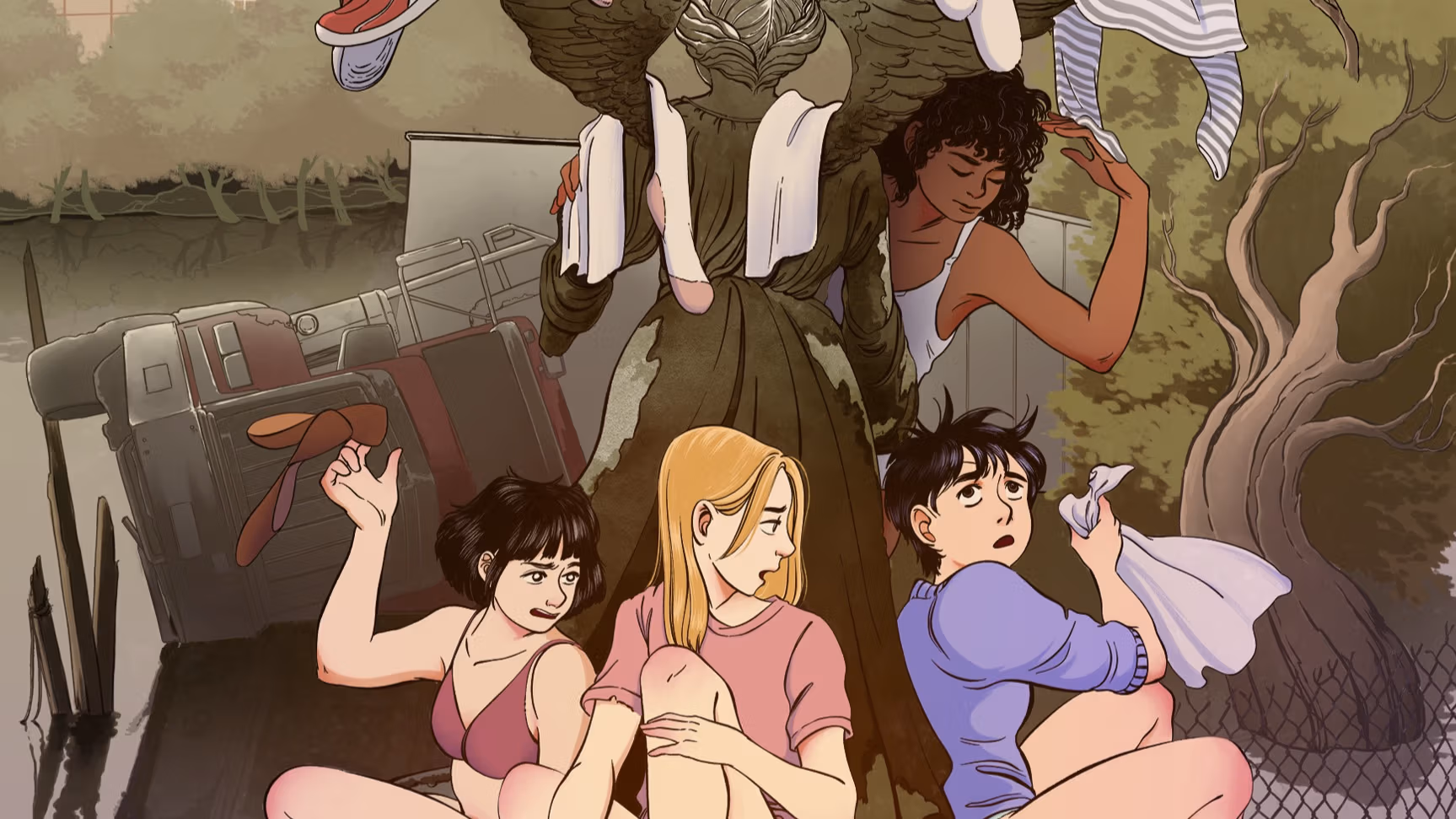 Illustration by MFA Illustration student, Kelsey Short, image of Bethesda Foundation Angel sculpture in Central Park, NYC. You can see NYC skyline of buildings in background. Four female figures are sitting on the statue in various stage of undress, some are in t shirts, some in bras. Their clothing and shoes are hung all over the stage drying.