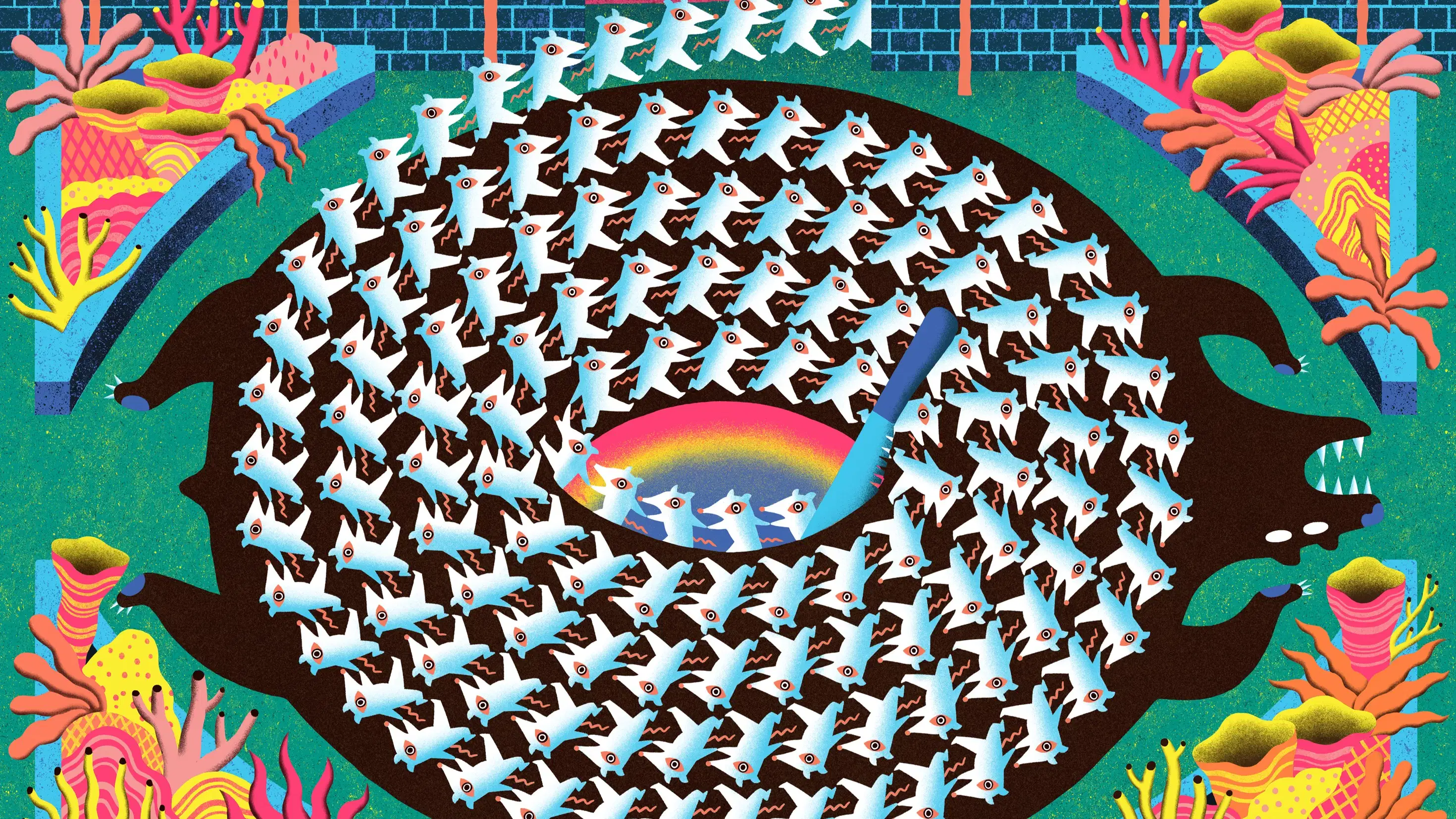 Illustration by MFA Illustration student, Danjung Choi, of a circle of hundreds of marching animal figures out to the back of the image through a blue brick wall. There are floral arrangements of imaginary plants in pink, orange and yellow in each corner of the image.