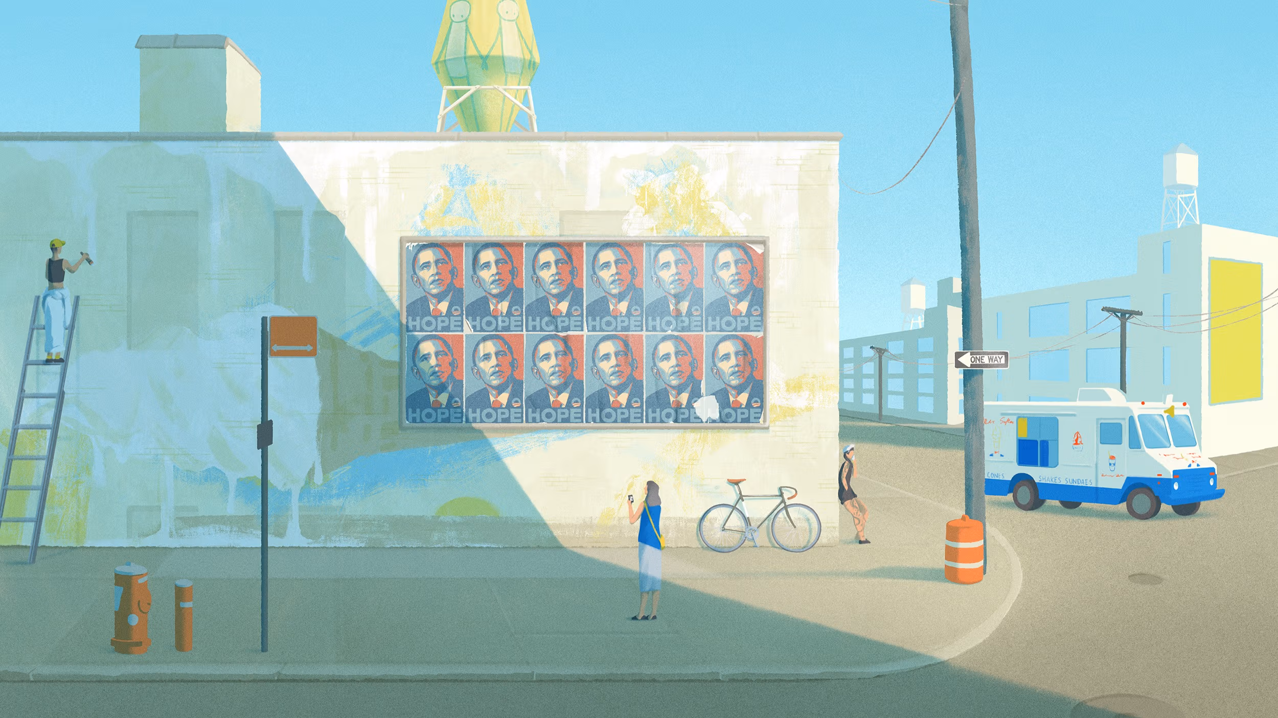 Illustration by MFA Illustration student Grace J. Kim of illustration of cityscape. Man, on ladder painting a large wall that has Obama posters on it. Woman in center of image taking a photo. Bicycle and person on right leaning against the wall. Mr. Softee ice cream truck on the street.