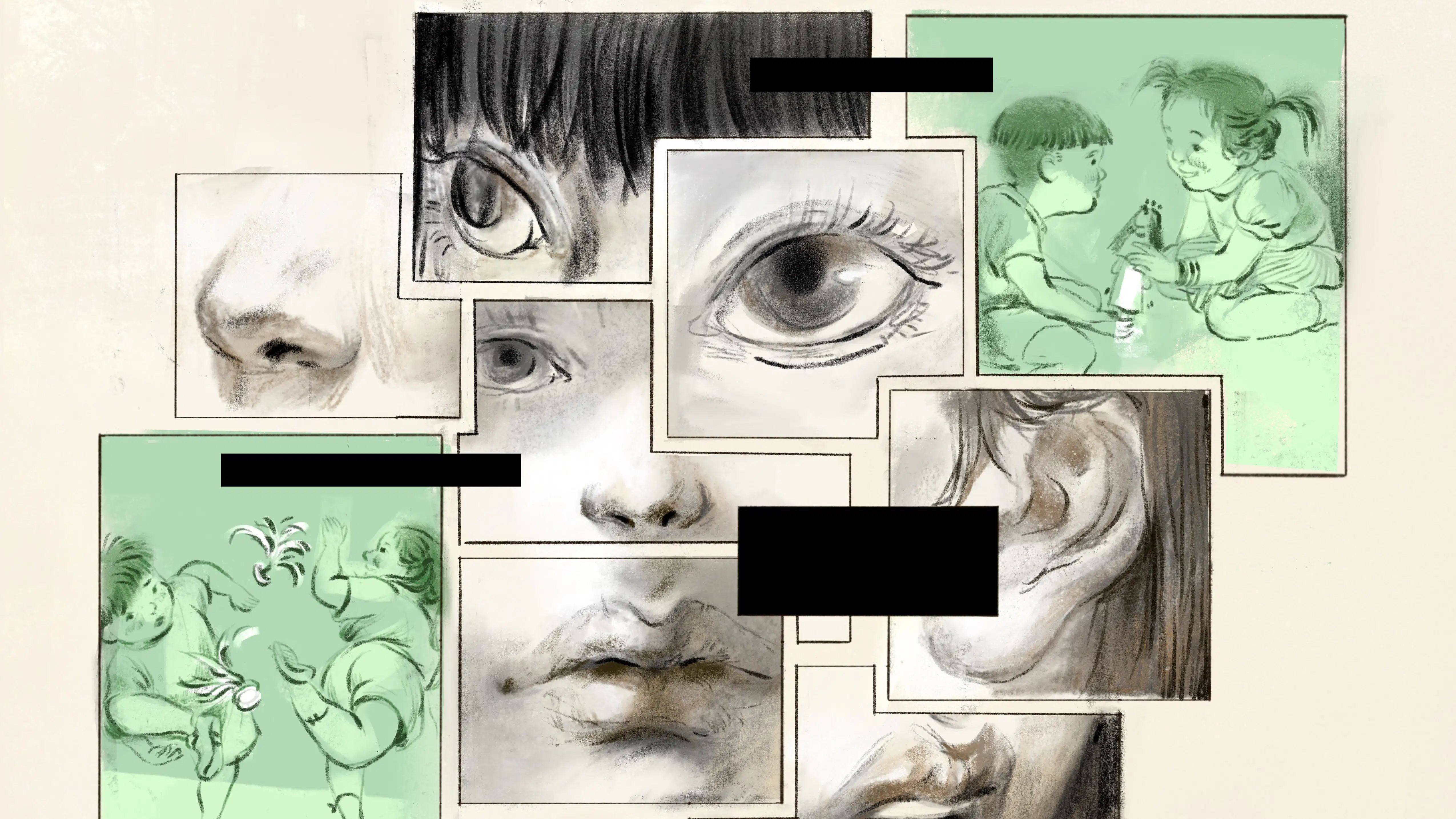 Illustration by MFA Illustration student Hui Ma, of a collage of square drawings in black, white in green of a young teenage girl. You can see parts of her face, her entire face and her full figure.