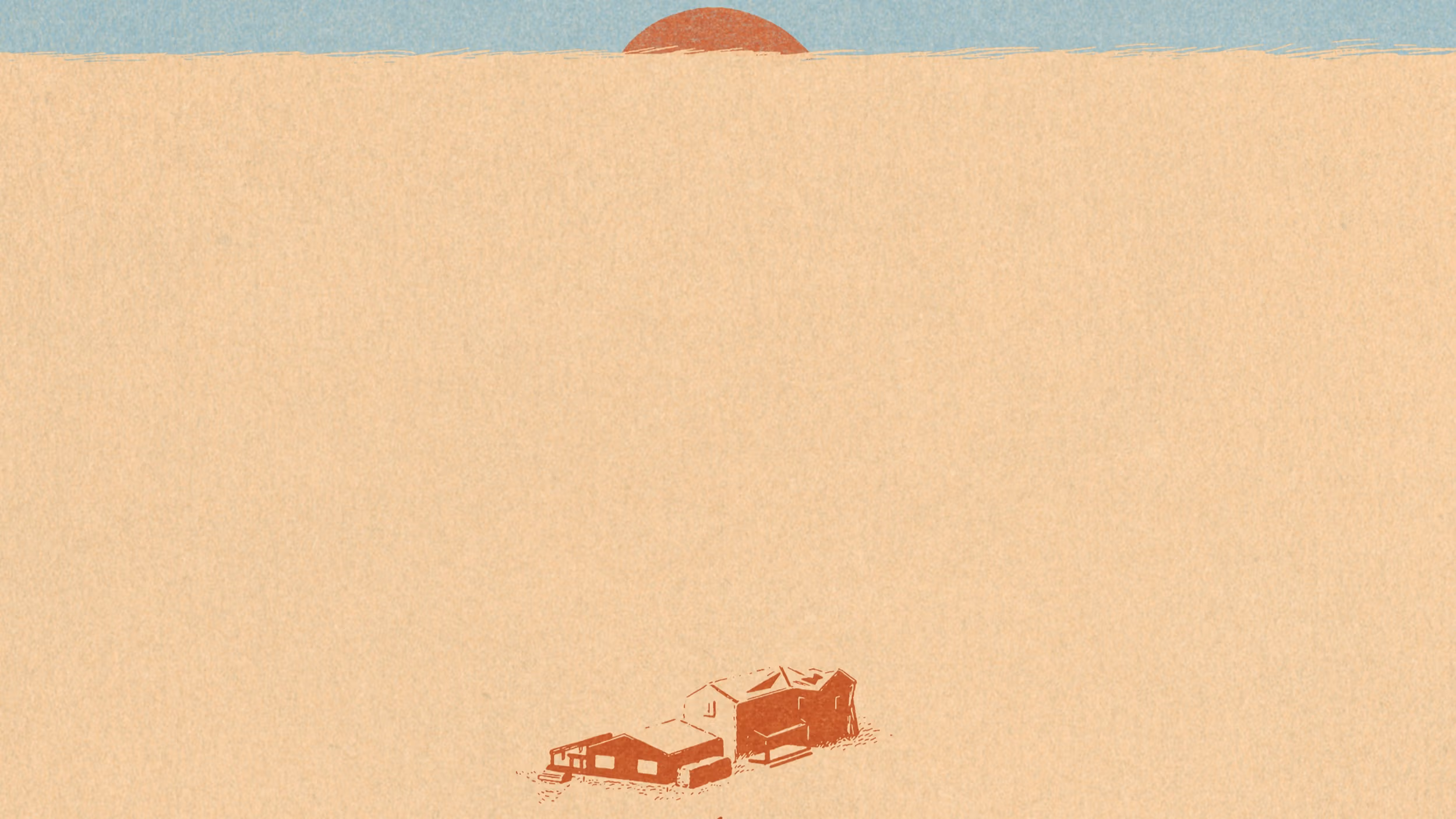 Illustration by MFA Illustration student, Luke Wohlgemuth, single image in pale beige and blue, overview of landscape of open ground of a small house in the middle of image. There is blue sky with a rising/setting sun behind it.