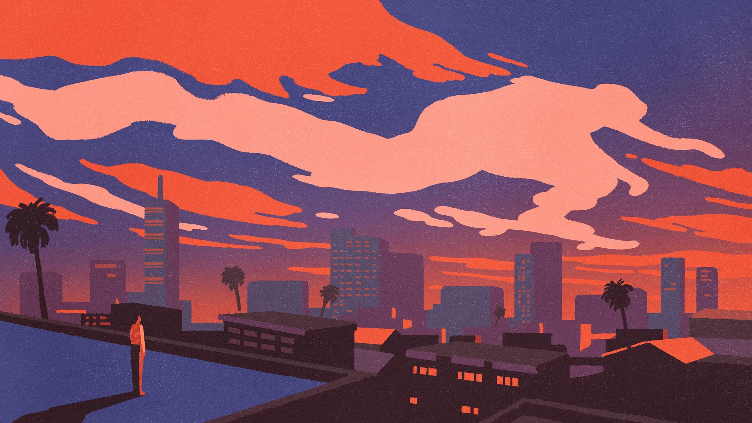 Illustration by MFA Illustration student, Peter Phobia, image of a rooftop view of a city at sunset. Colors are dark blue, purple, orange and pinks. There is a man on the rooftop staring at the clouds. The cloud formation looks like a man on a skateboard.