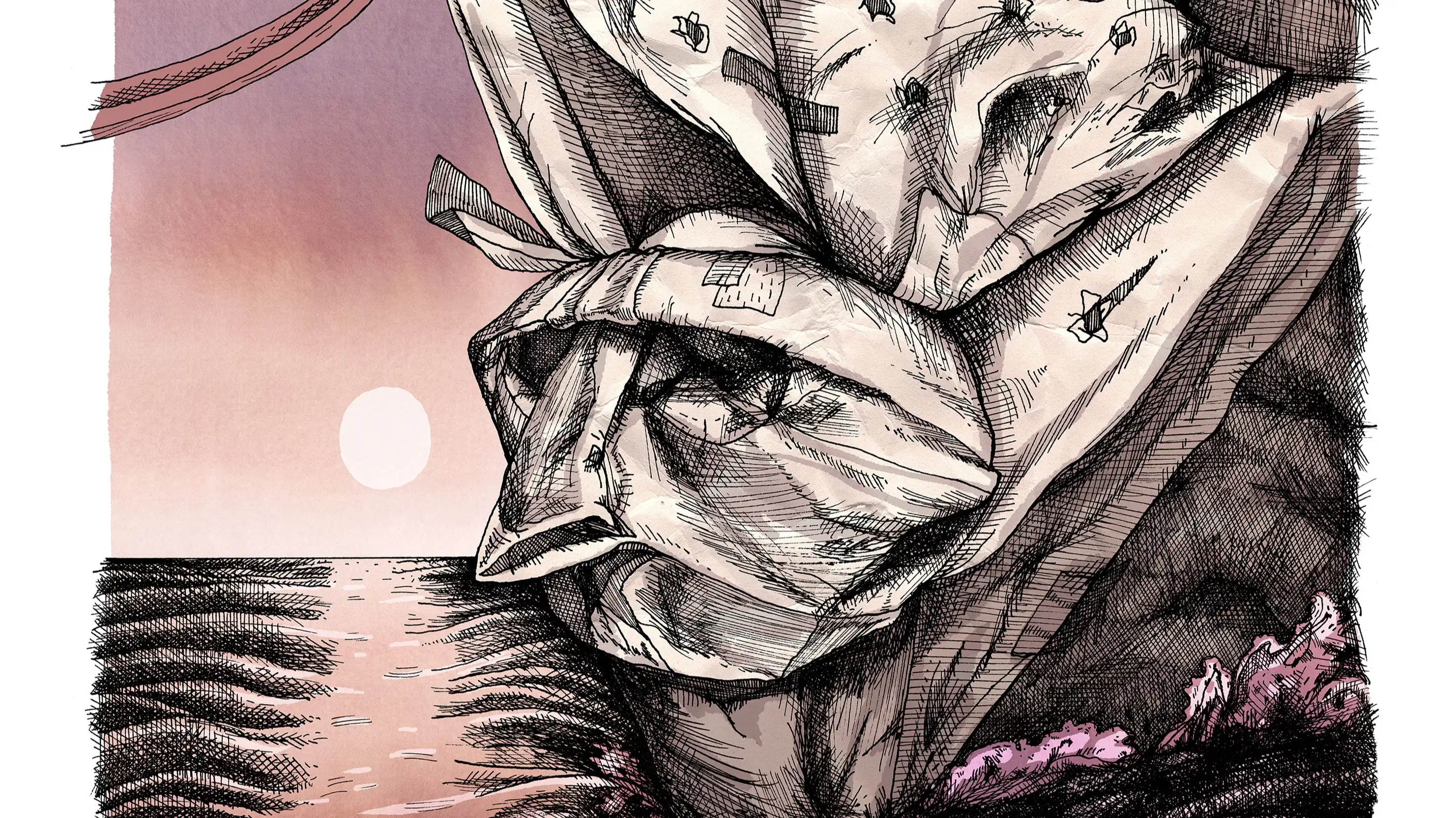 Illustration by MFA Illustration student, Boris Lyppens, of black and white line drawing with a pinkish overcast tint to the entire image of a creature that looks like a human and a paper hat that is decrepit and aging and is at the edge of a large cliff looking out to the water where there is a small paper hat that is floating.