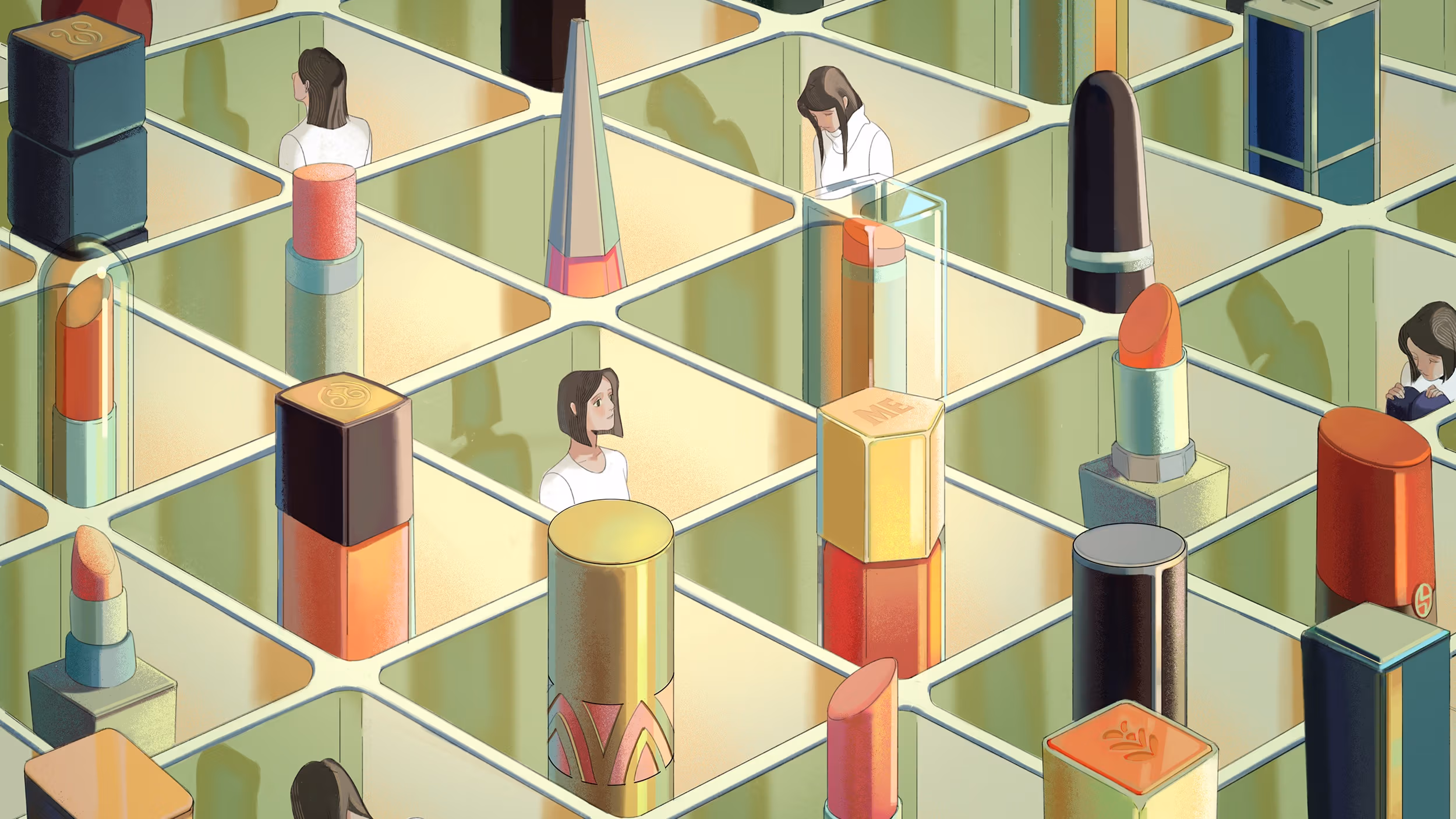 Illustration by MFA Illustration student, Jiawen Chen, of honeycomb structure with a series of women in the open spaces alternating with large lipsticks – the honeycomb structure is green. The women are wearing white shirts. The lipstick cases are black, some are gold.