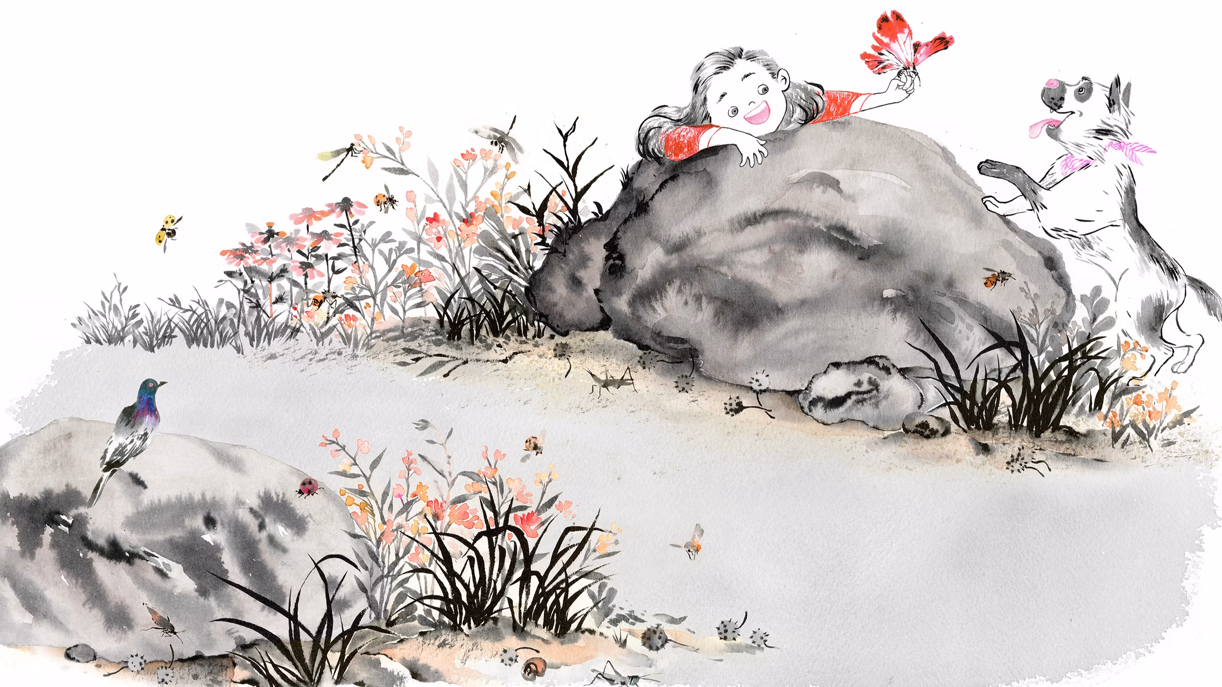 Illustration by MFA Illustration student, Yuke Li, of a little girl dressed in red behind a large rock holding a red butterfly. There is a dog to her right. There is a bird on another rock in the left foreground of the pictures.