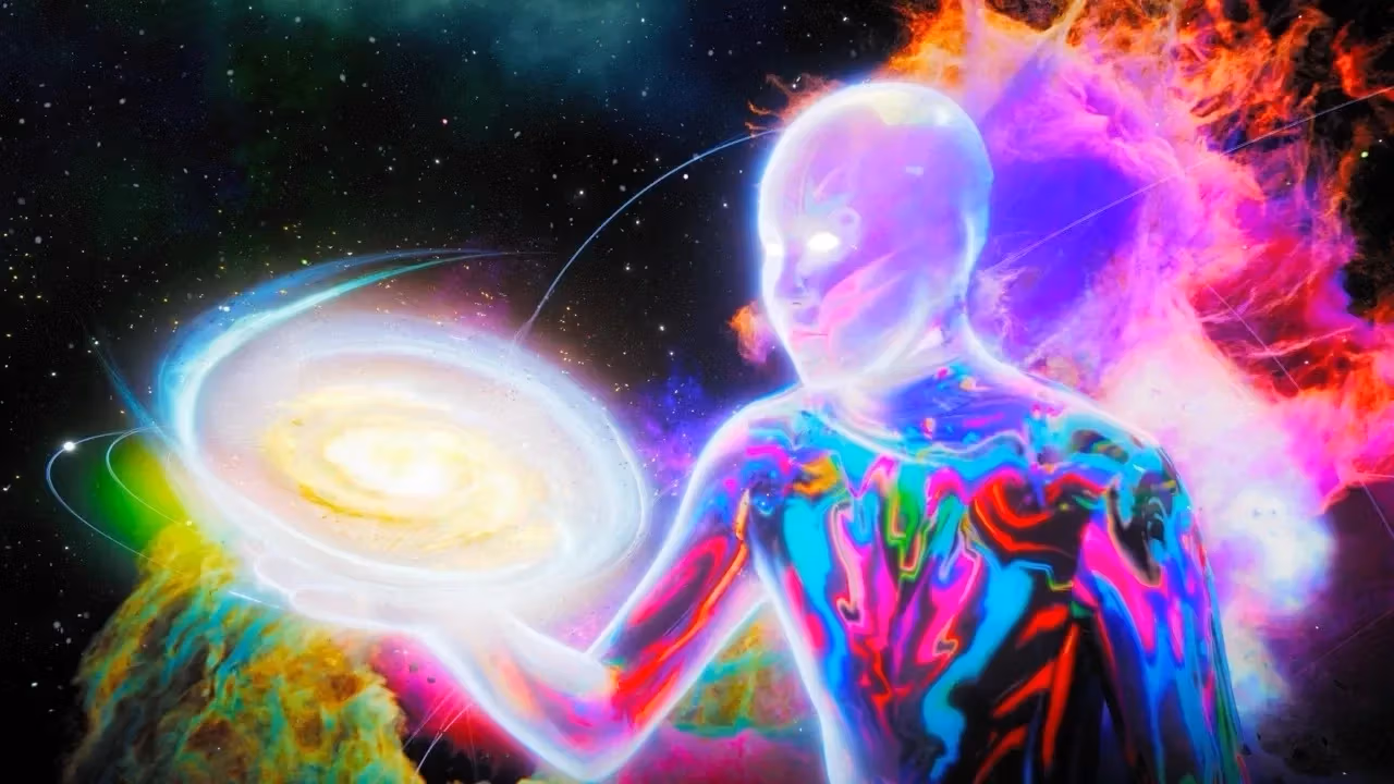 This is a 3D rendered image of a colorful cosmic being holding a celestial body, surrounded by bursts of saturated smoke resembling a supernova. The creature appears to be in deep space, has white glowing eyes, no visible hair and striped markings on the face.