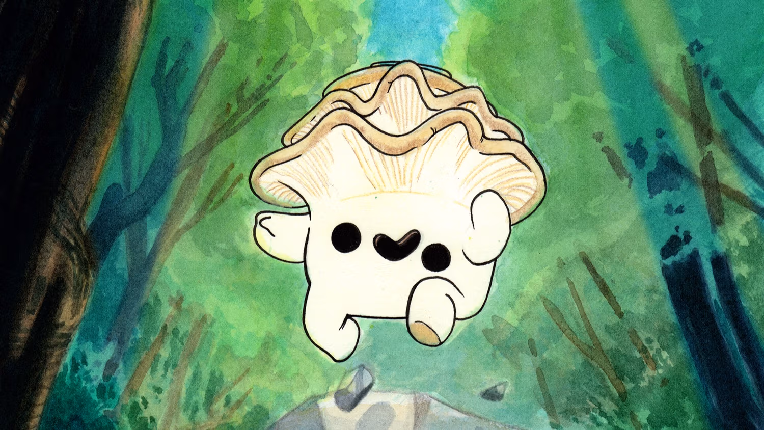 Cover image from Morgan Sawyer's Thesis project graphic novel titled Mushroom Trip, picturing anthropomorphic mushroom jumping over a rock surrounded by trees. 